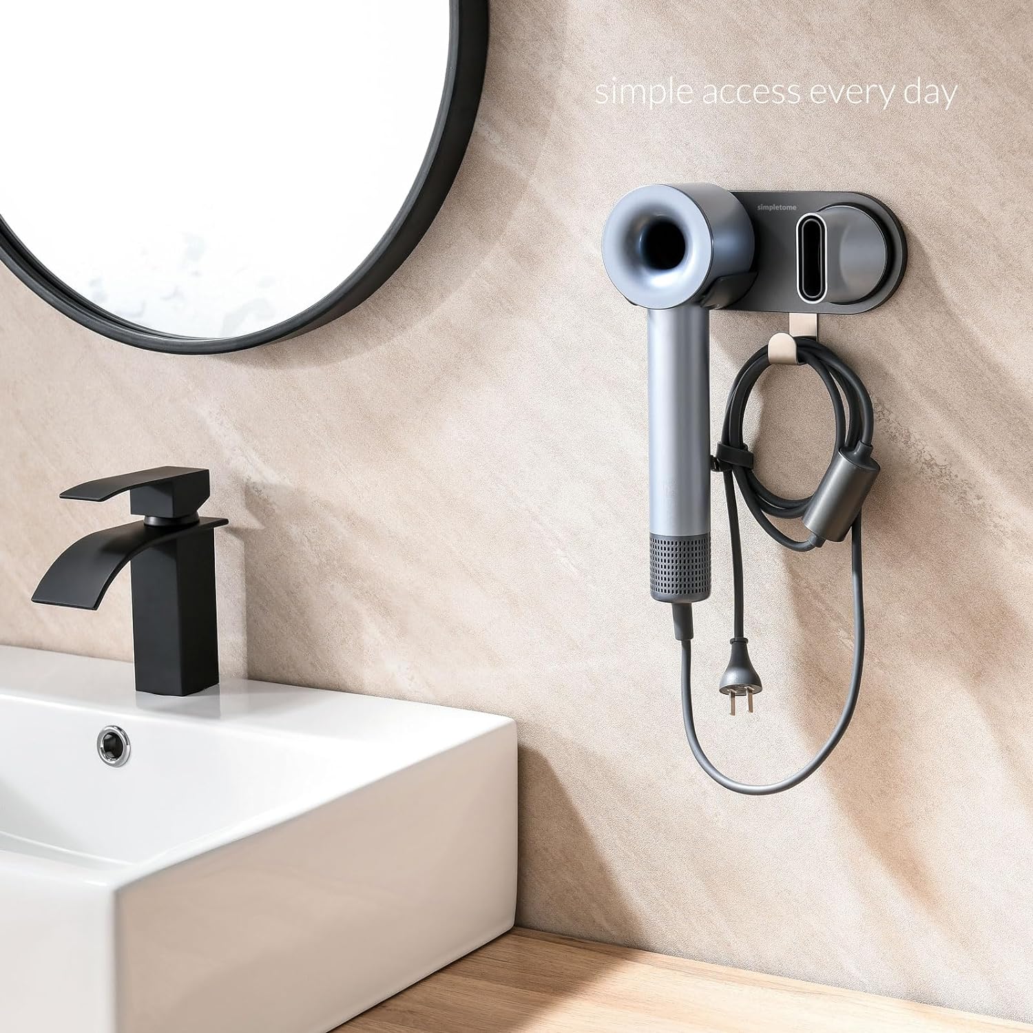 simpletome Hair Dryer Holder Wall Mount for All Magnetic High Speed Blow Dryer with Plug Cord Organizer Hook (Aluminum Alloy, Grey) - Image 2