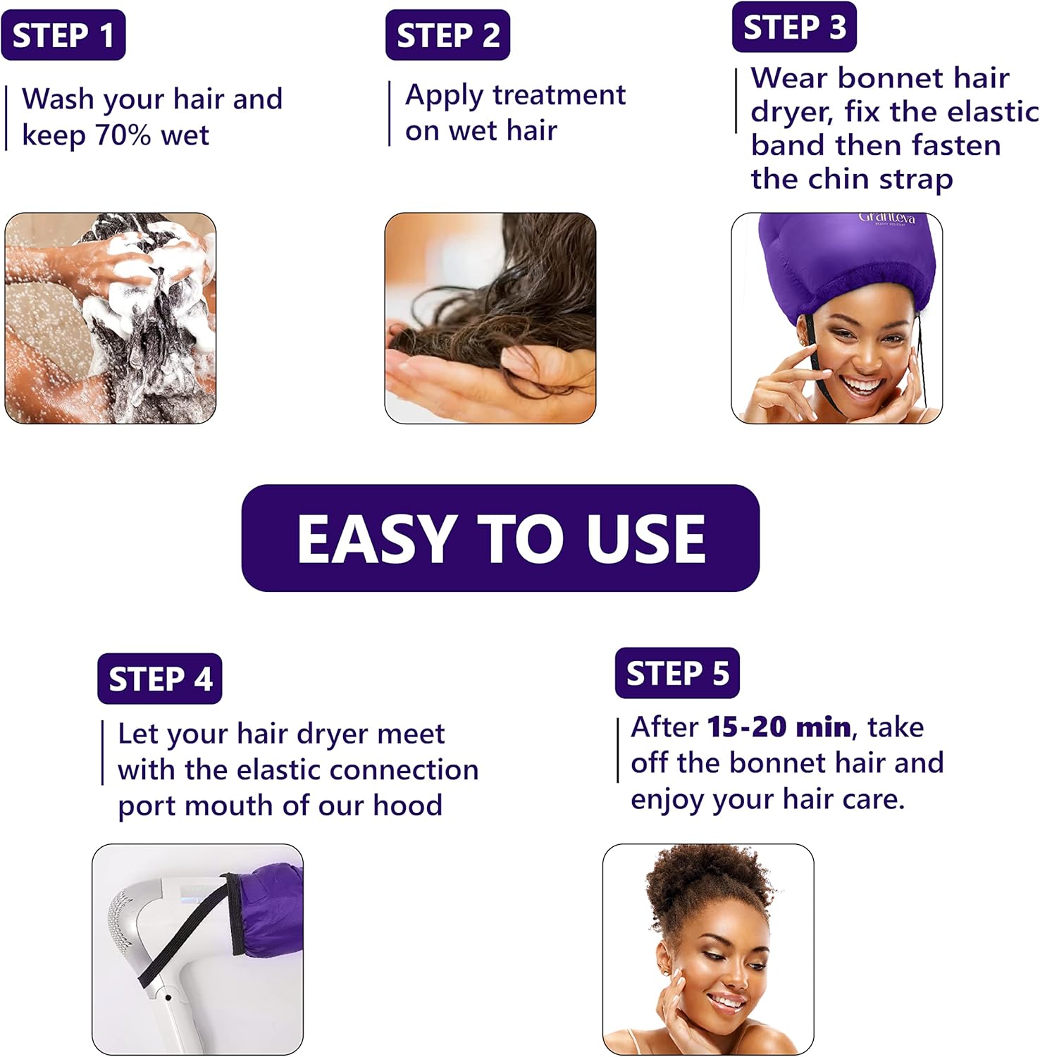 Bonnet Hair Dryer w/A Headband Integrated That Reduces Heat Around Ears & Neck - Hair Dryer Diffuser Cap for Hair Dryer Curly Hair, Speeds Up Drying Time, Deep Conditioning at Home - Large (Purple) - Image 8