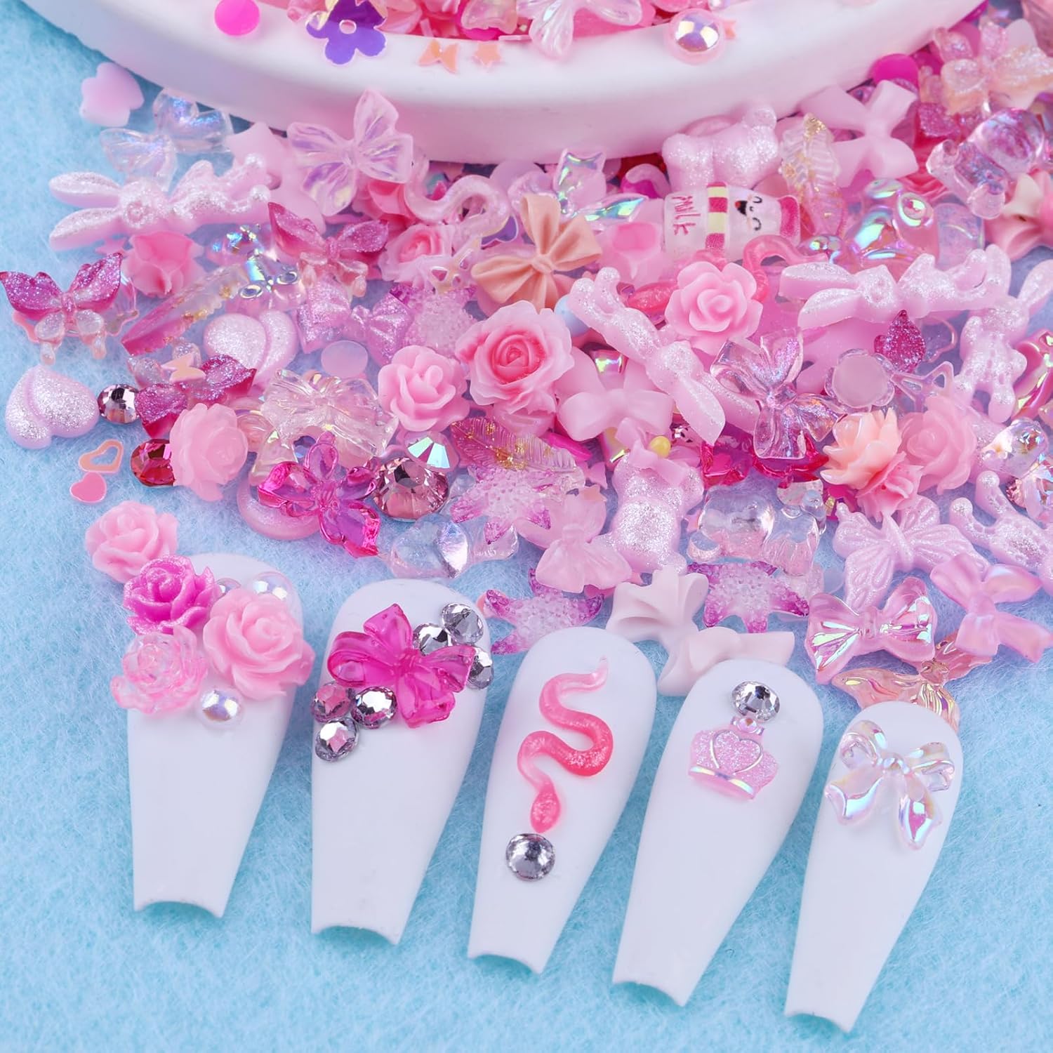 300pcs Nail Art Charms Kit,Over 100pcs Mixshape Resin Nail Gems and 100 pcs Mixed Flatback Nail Rhinestones Pearls with Over 100pcs Nail Sequins for Nail Art Accessories (Pink) - Image 6