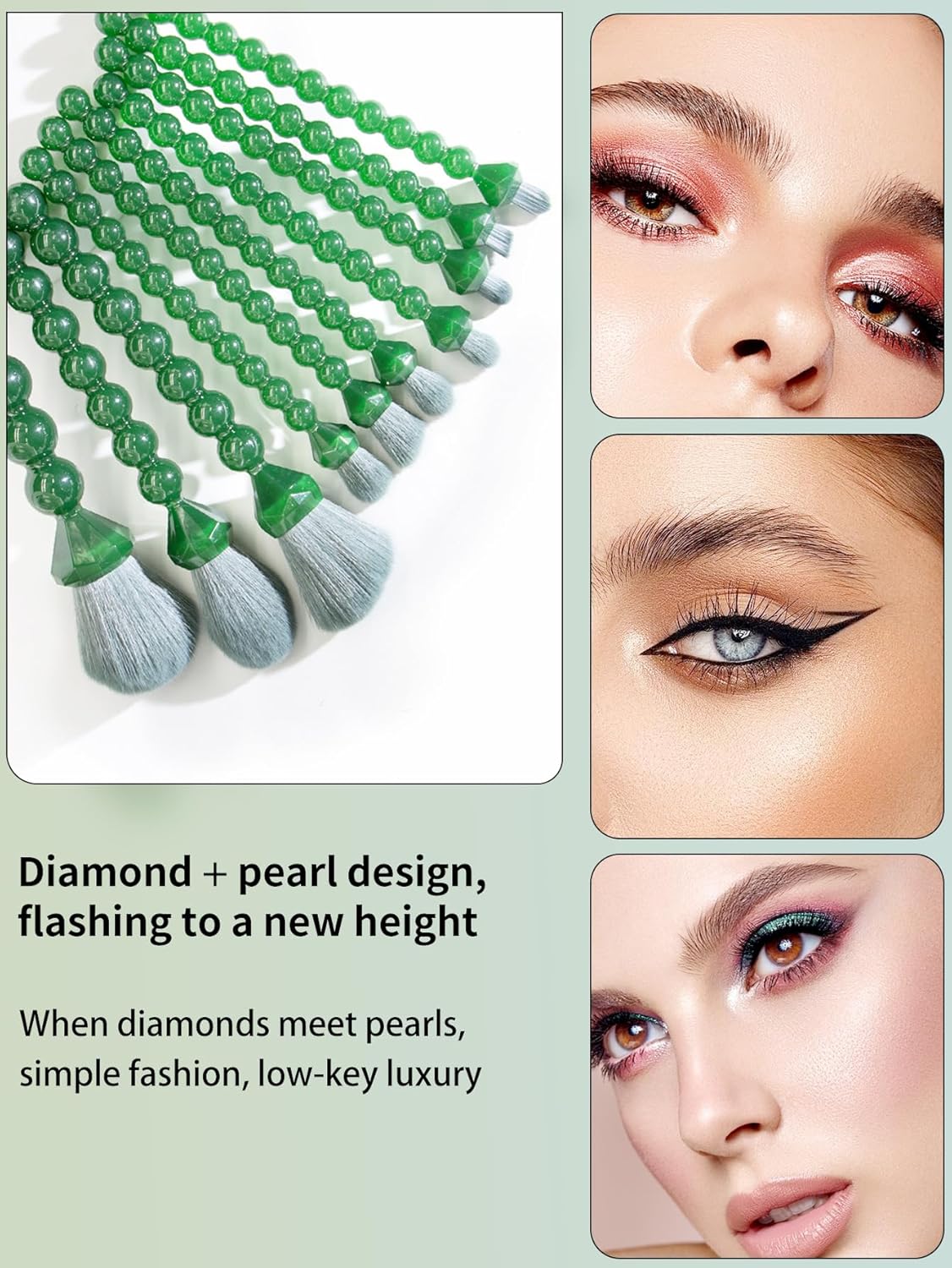 COSHINE Unique Diamond and Pearl Design Makeup Brush Set, 10pcs Cute and Full Complete Powder, Concealer, Blush, Eye Shadow Cosmetic Brushes Kit (GREEN) - Image 4