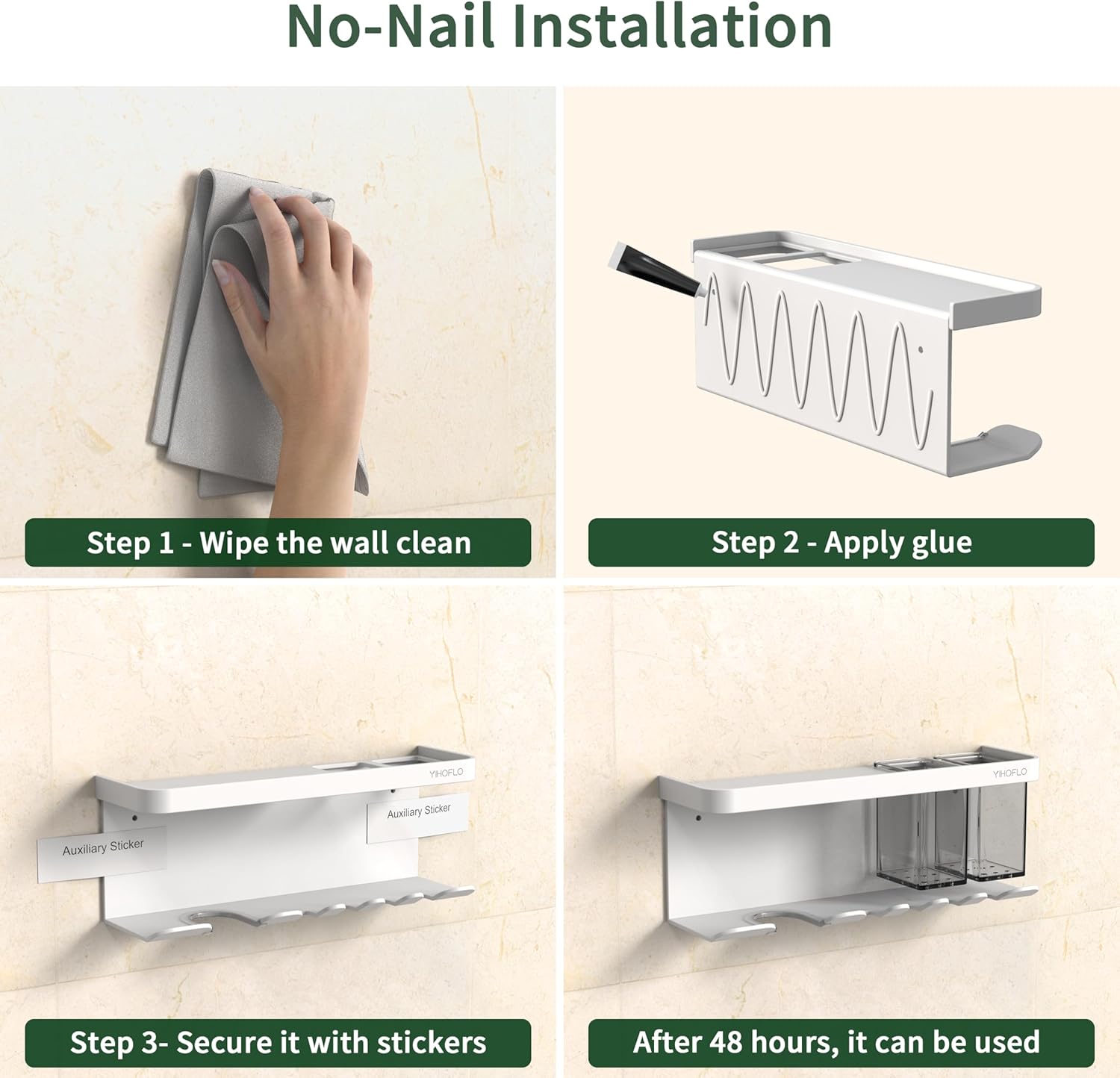 Hair Dryer Holder Wall Mounted Adhesive/Drilling, Storage Organizer With Shelf & Hooks, Rack for Bathroom, Blow Dryer Holder, Tool Organizer (White) - Image 6