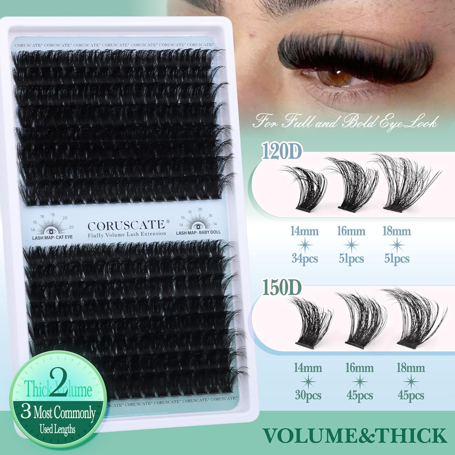 Lash Clusters 120D+150D Eyelash Clusters Long Individual Lashes 14-20mm Thick Cluster Eyelash Extensions 256pcs Volume Strip Eyelashes Mink DIY Cat Eye Lashes Extension by CORUSCATE - Image 2