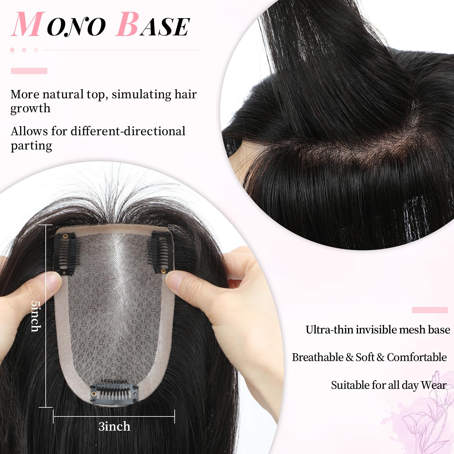 Fine Plus 14Inch Hair Toppers for Women Real Human Hair – Mono Base 3"x5", Natural Black Virgin Quality, for Thinning Crown & Wide Parting, Lightweight & Breathable, Add Volume Can Be Curled - Image 3