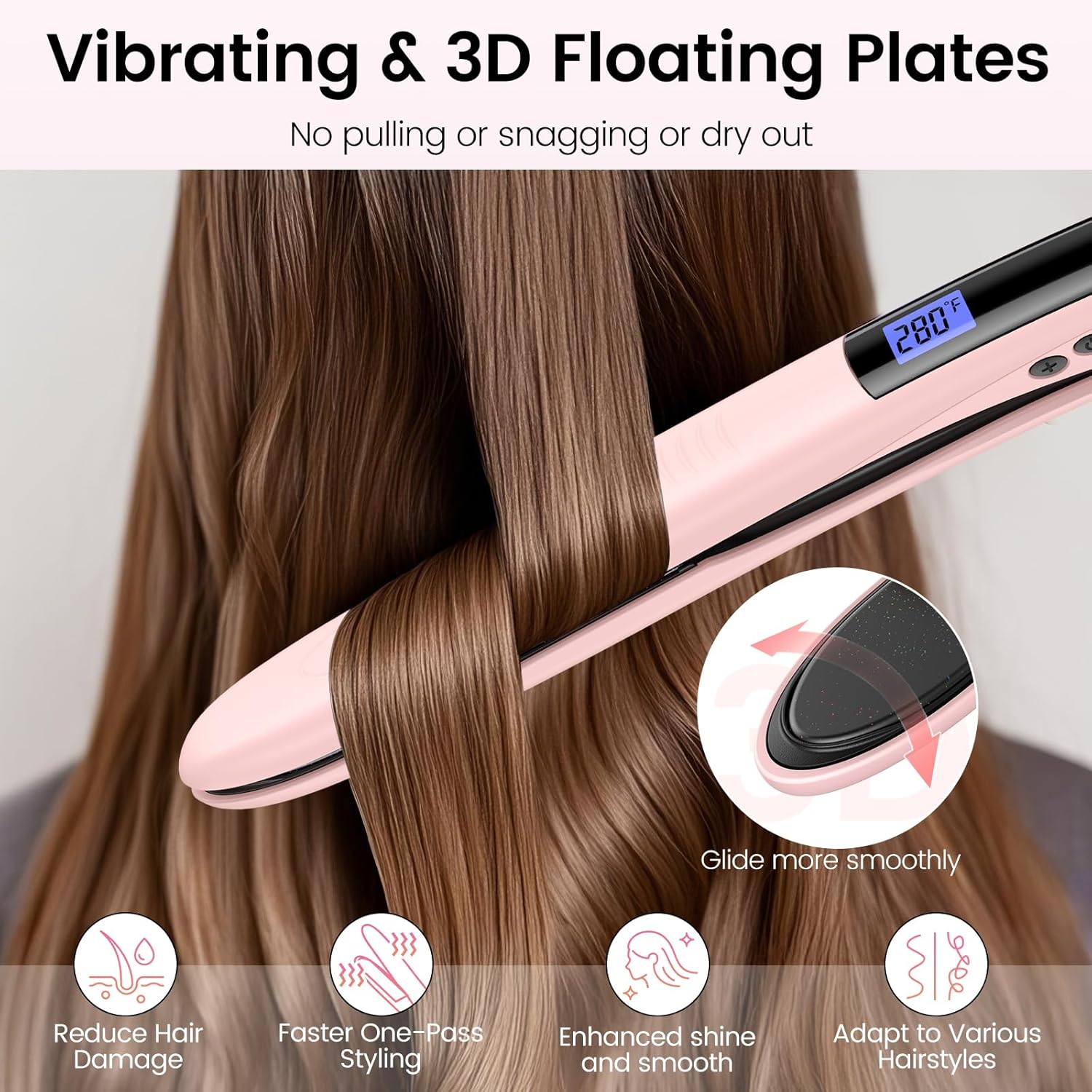 Brightup Tourmaline Ceramic Hair Straightener and Curler 2 in 1 with 1 Inch Vibrating Plates, Ionic Flat Iron with 10 Temp Control/Auto Shut Off, 20S Fast Heating for Smooth Long Lasting Results, Pink - Image 6