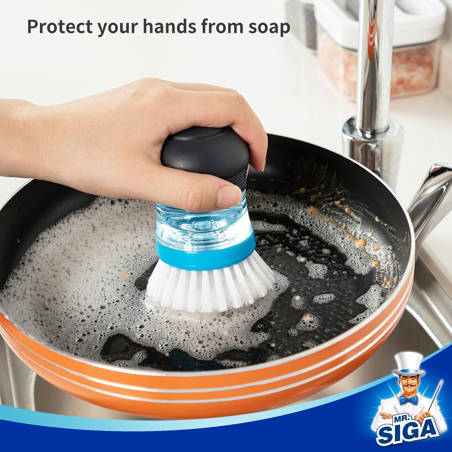 MR.SIGA Soap Dispensing Palm Brush, Kitchen Brush for Dish Pot Pan Sink Cleaning, Pack of 1, Navy/Blue - Image 5