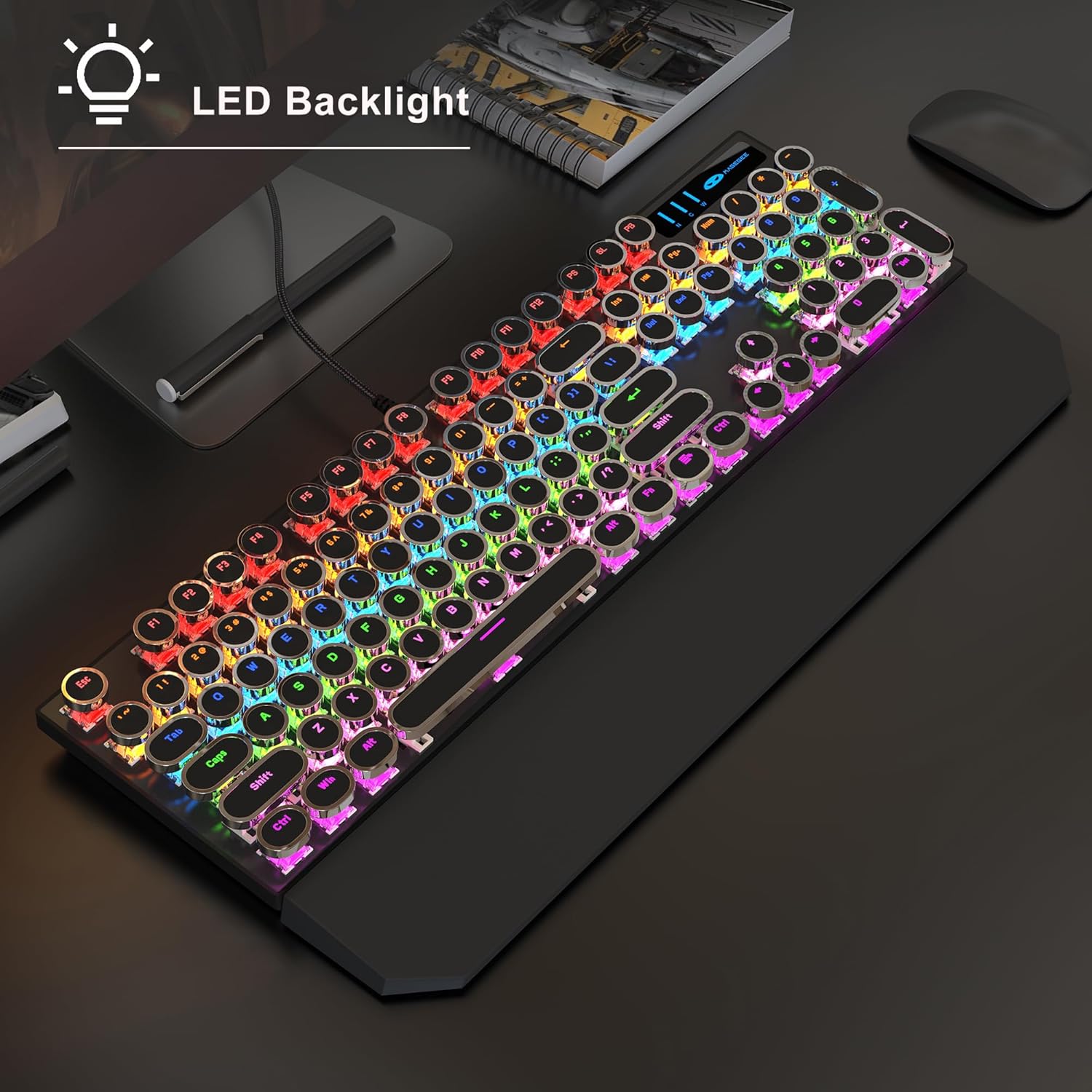 Typewriter Mechanical Gaming Keyboard and Mouse Combo, Retro Punk Round Keycaps RGB Rainbow Backlit Wired Keyboard for Game and Office, for Windows Laptop PC, Red Switches(Black) - Image 2