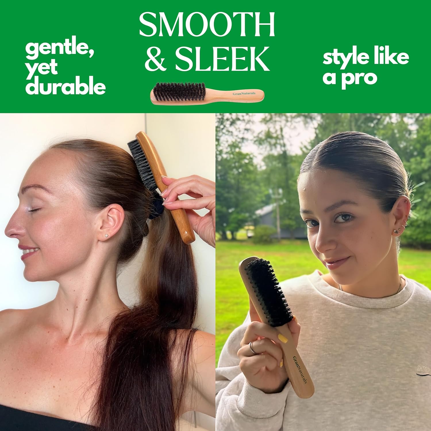 GranNaturals Boar Bristle Slick Back Hair Brush - Soft/Medium Smoothing Hairbrush to Style, Polish, & Lay Hair Down Flat to Create a Sleek Frizz Free Hairstyle for Women and Men - Wooden Handle - Image 5