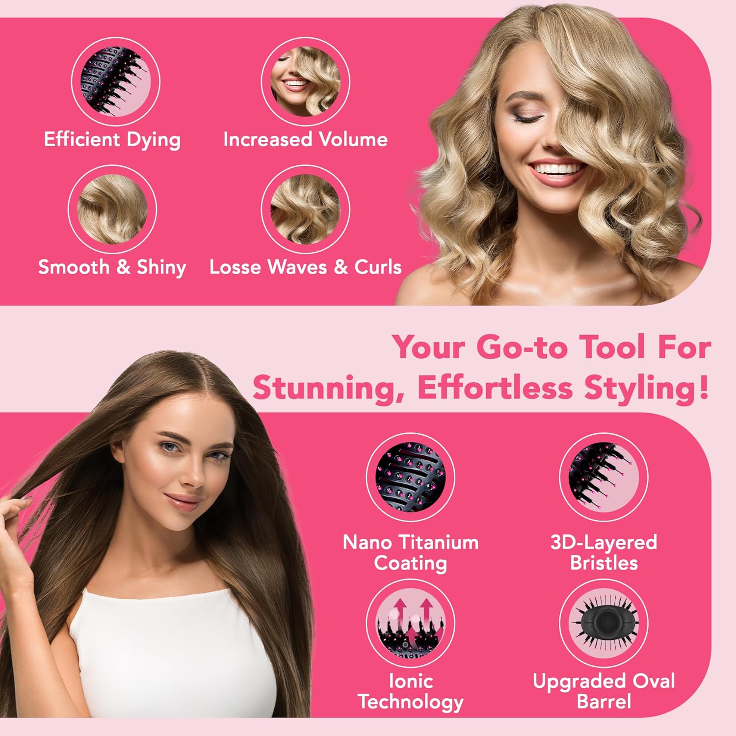 Pink 4-in-1 Ionic Ceramic Blow Dryer Brush for Fast Styling All Hair Types - Image 5
