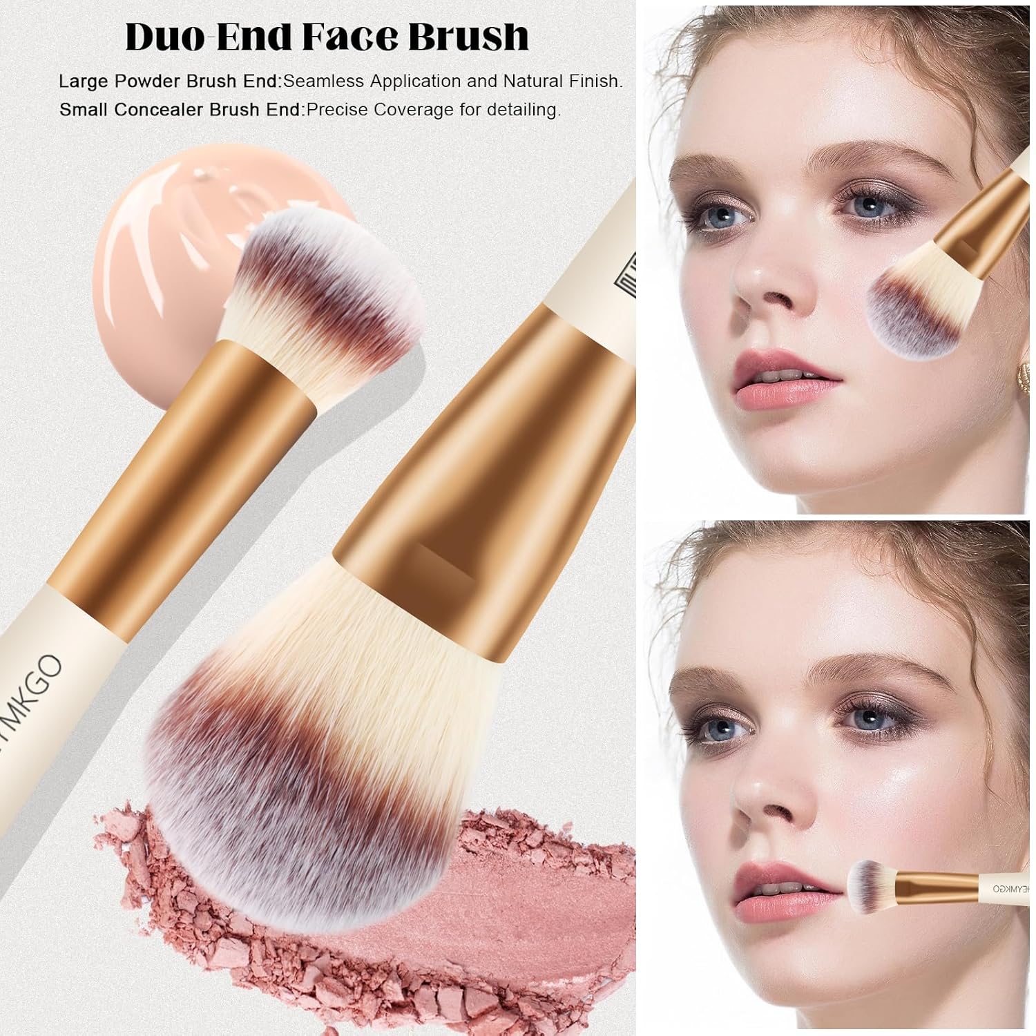 HEYMKGO Makeup Brushes Set, 4Pcs Double-ended Foundation Contour Powder Blush Concealer Eyeshadow Brush Set for Liquid, Cream, Powder for Blending Buffing Professional Face Brush Set Tools(Apricot) - Image 3