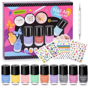 Kids Nail Polish for Girls with Gems Stickers, Non-Toxic Peel-Off Quick Dry Mini Nail Polish 9 Colors Set for Ages 3+