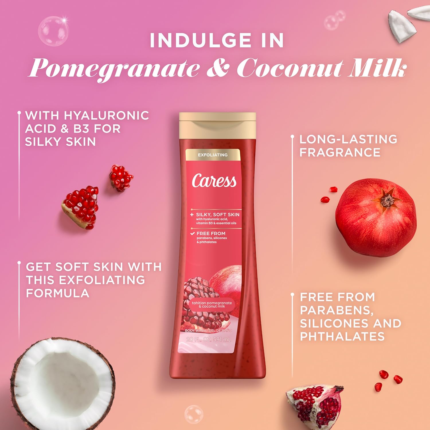 Caress Body Wash for Women, Tahitian Pomegranate & Coconut Milk, Exfoliating Shower Gel for Renewed, Glowing Skin, 20 fl oz, 4 Pack - Image 5