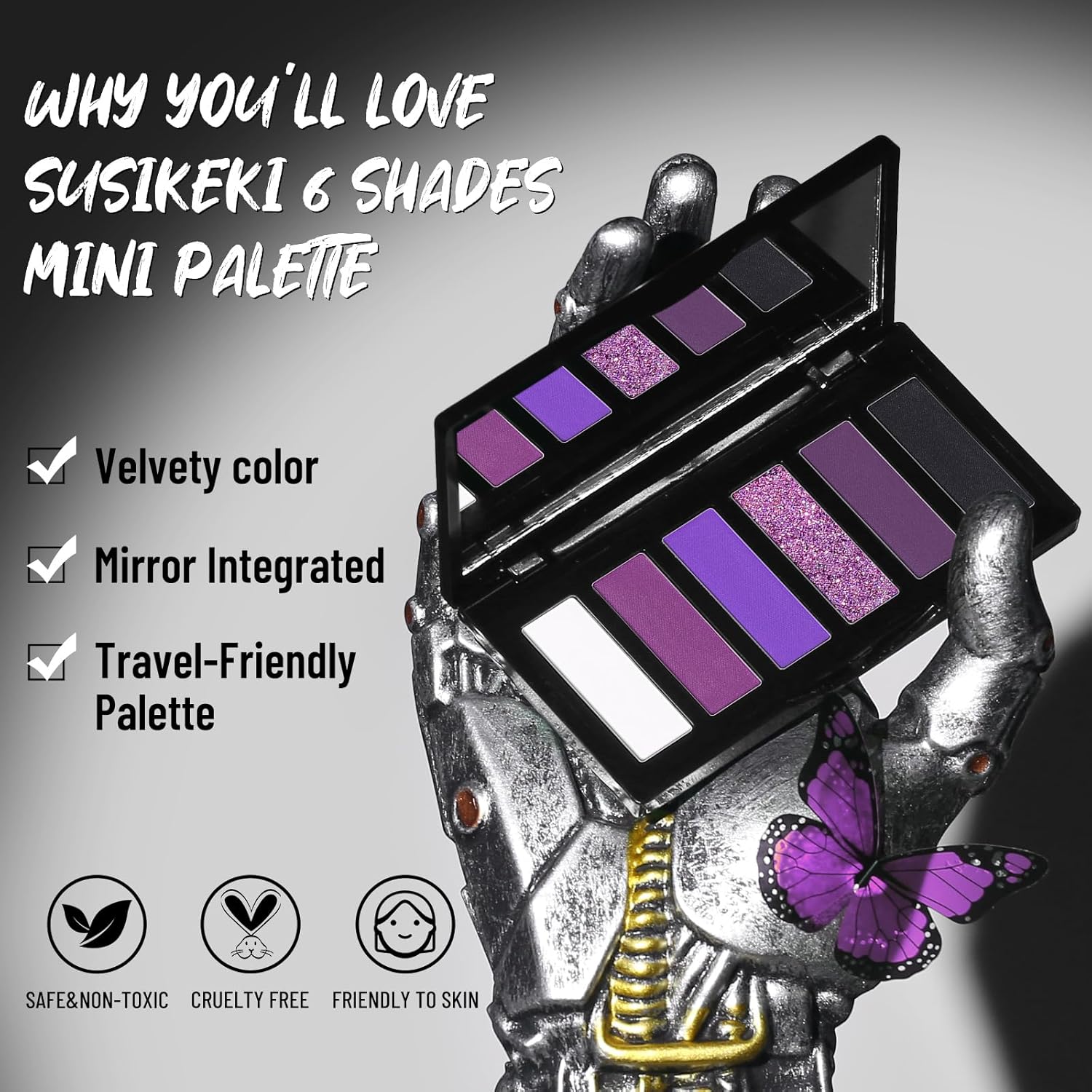 Purple Eyeshadow Palette with Mirror Lilac Violet Plum Tones Matte Shimmer Glitter 6 Colors Mini Eye Shadow Pallet Travel Size Highly Pigmented for Fairy Witch Goth Halloween Costume Makeup - Image 2
