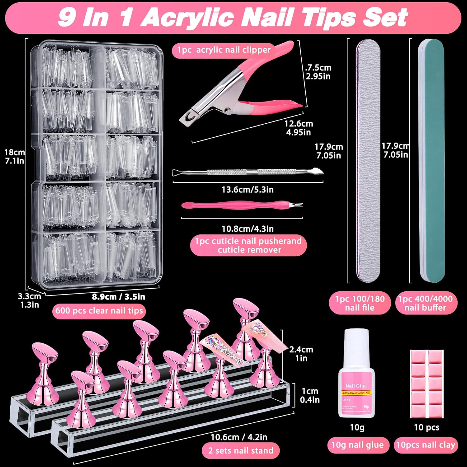 600PCS Clear Coffin Nail Tips Set - Clear Nail Tips for Acrylic Nails French Half Cover Fake Nail Tips Kit with Nail Glue, Nail Display Stand, Clipper, Cuticle Pusher Remover, Nail File and Buffer - Image 3