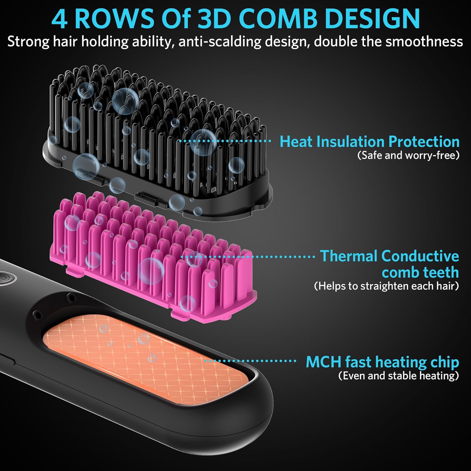 Cordless Hair Straightener Brush – Portable Ionic Hot Comb with 65W Fast Charger, Mini Travel Hair Straightening Brush for Women, Lightweight for On-The-Go Styling (Black) - Image 6