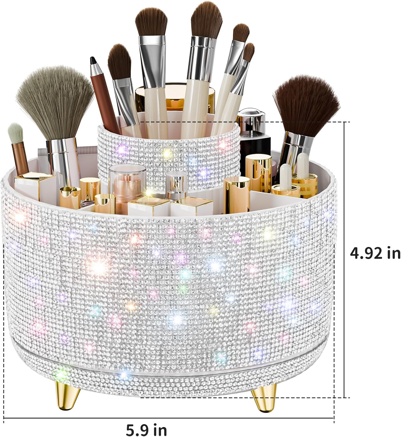 Bling Diamond Makeup Brush Holder, 360° Rotating Makeup Organizer, 5 Slot Make up Brushes Cup for Countertop, Storage for Cosmetics Pen Eyeliner Skincare on the Vanity (Diamond white) - Image 4