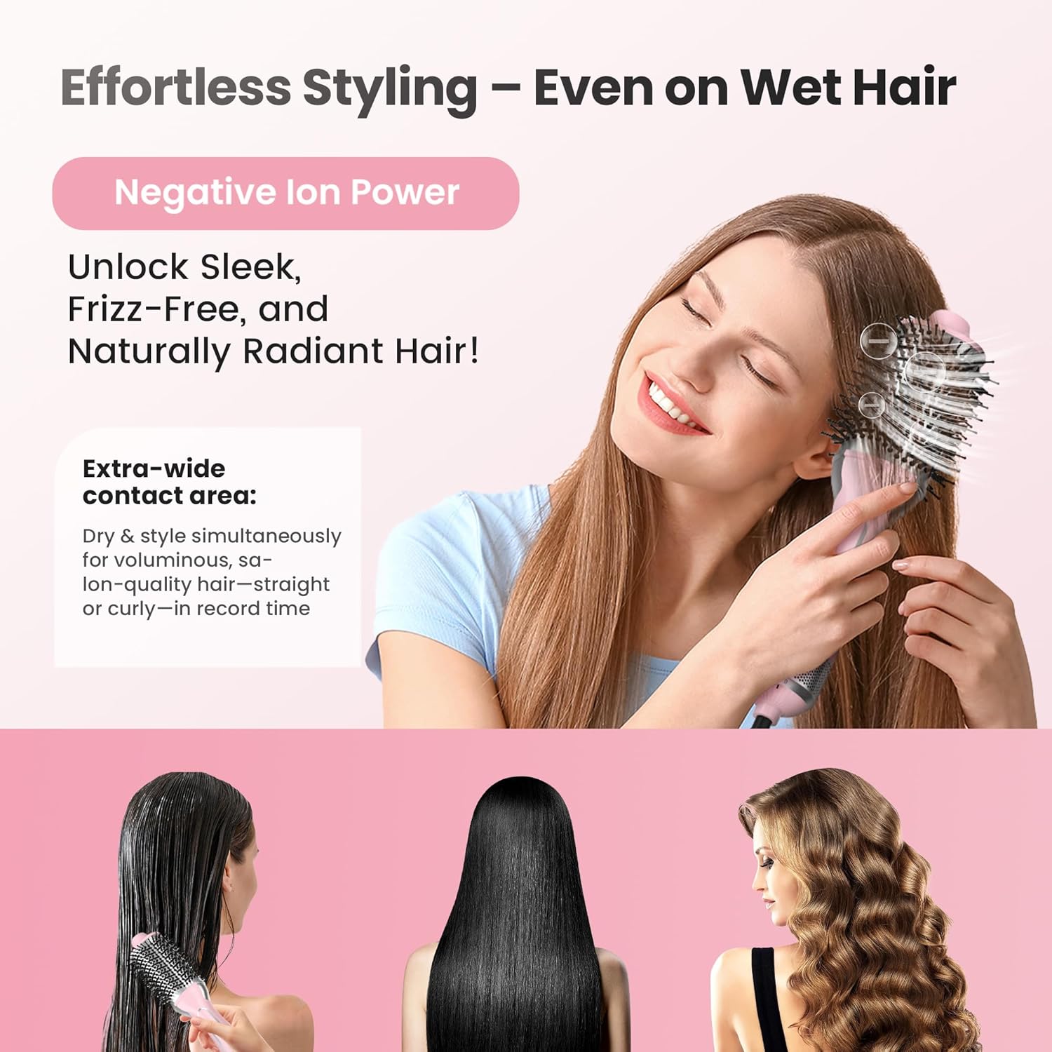 PRITECH 1000W Dual Voltage Ceramic Ionic Hair Dryer Brush,4-in-1 Hot Air Styler & One Step Volumizer for Straight & Curly Hair Salon (110-120V/220-240V),Blush Silver - Image 5
