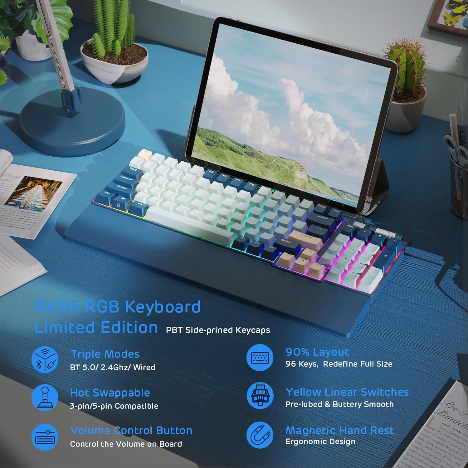 RK ROYAL KLUDGE RK96 RGB Limited Ed, 90% 96 Keys Wireless Triple Mode BT5.0/2.4G/USB-C Hot Swappable Mechanical Keyboard w/Wrist Rest, Software Support & Massive Battery, RK Yellow Switch - Image 2