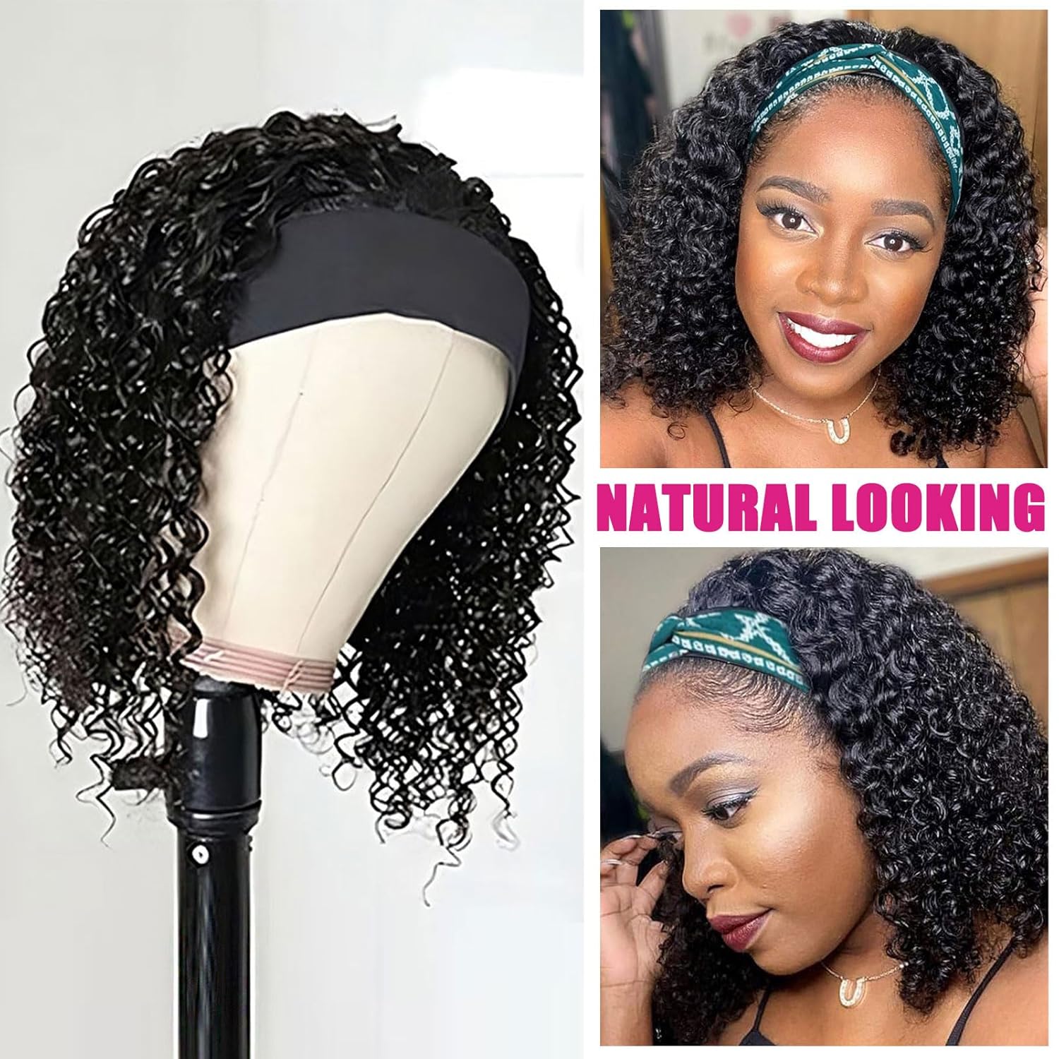AISI QUEENS Headband Wig Human Hair For Black Women Curly Wigs Glueless Human Hair Short Curly Headband Wigs (12 Inch, Curly Headband Wigs) - Image 2