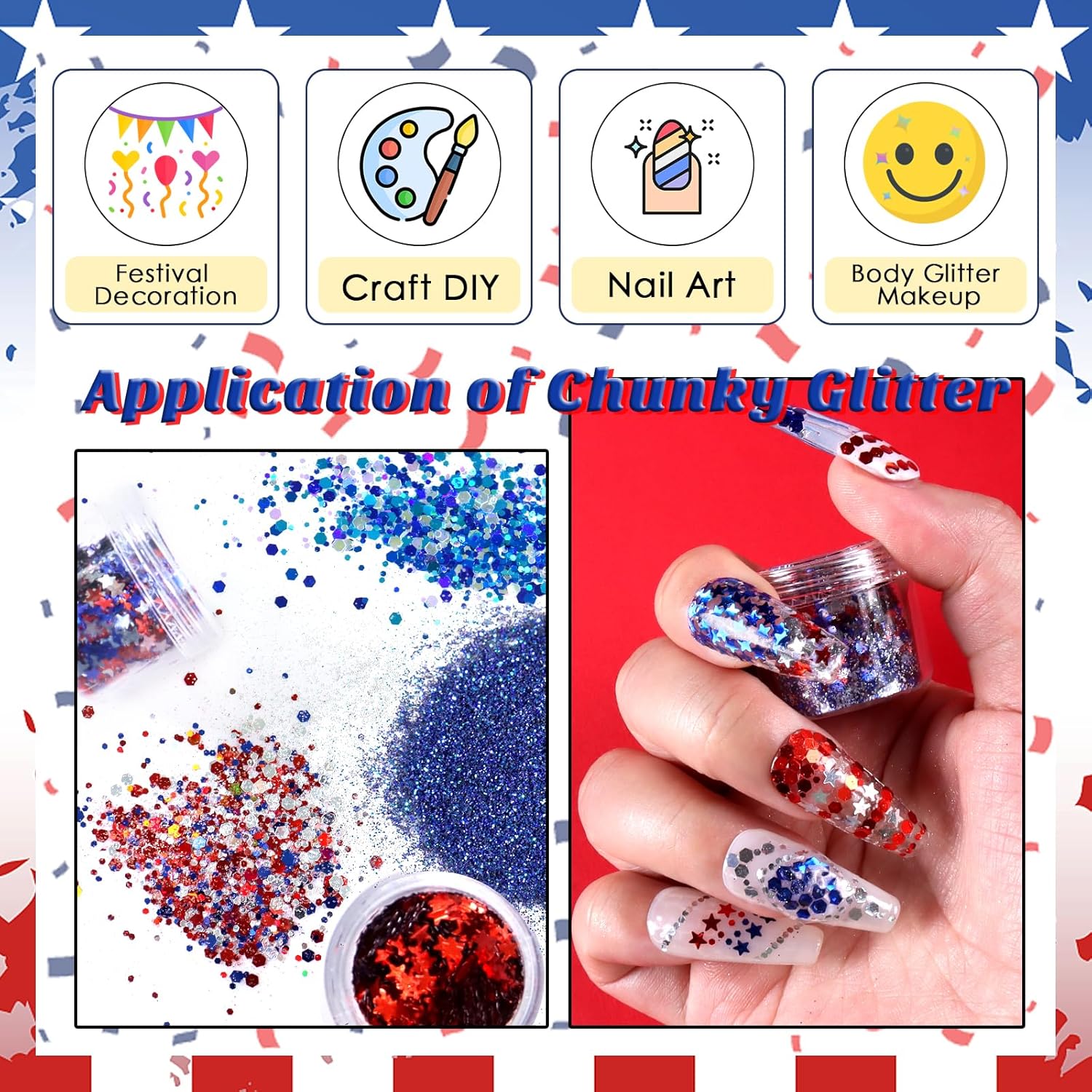 Laza Independence Day Nail Art Glitters 12 Colors Red Blue Silver Fine Powder Chunky Star Sequins Hexagon Confetti 4th of July Nail Decals Festival Polish Nail Art Supplies - Colorful Holiday - Image 4