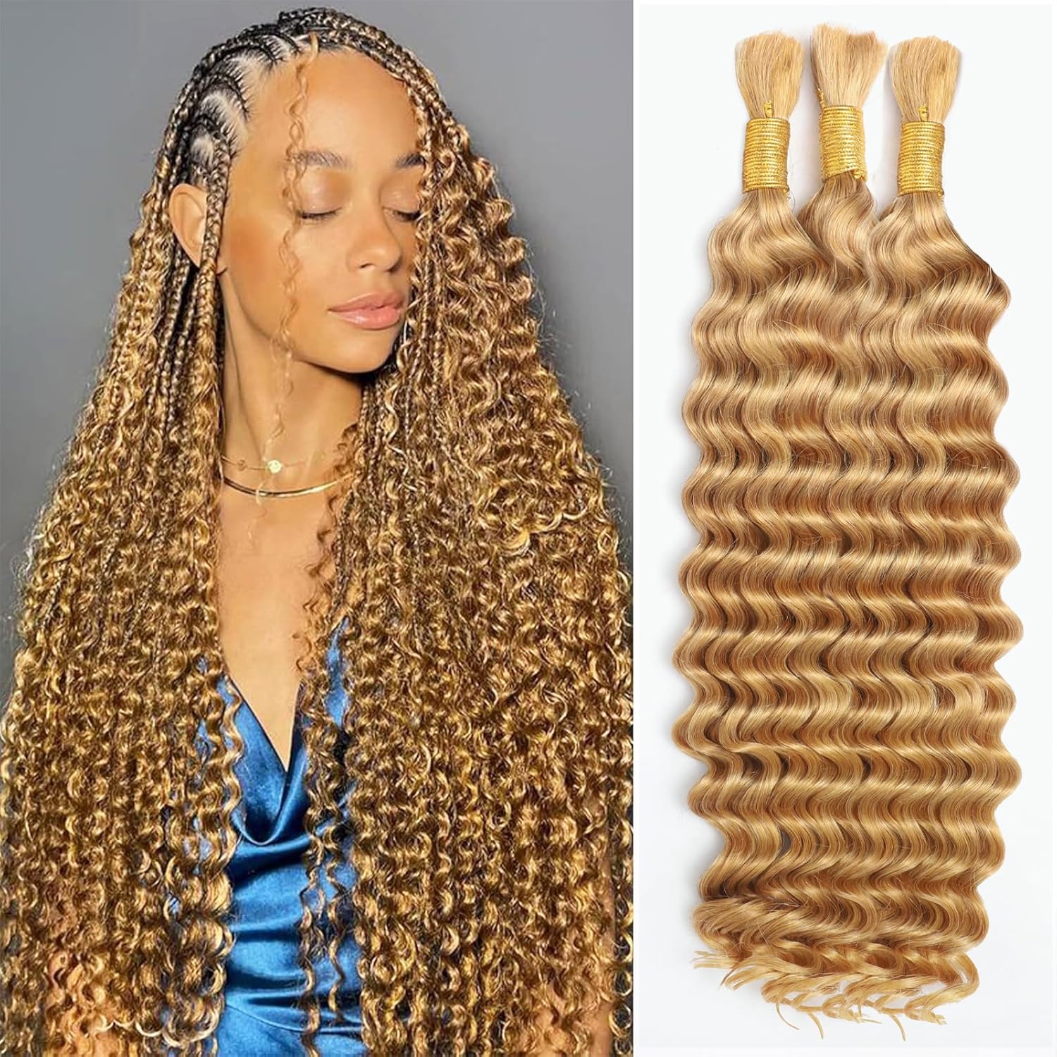 Human Braiding Hair for Boho Braids 110g Deep Wave Boho Bulk Human Hair for Braiding Knotless 12A Wet and Wavy Bohemian 3 No Weft Bundles/Pack Curly Braids Honey Blonde 18 Inch