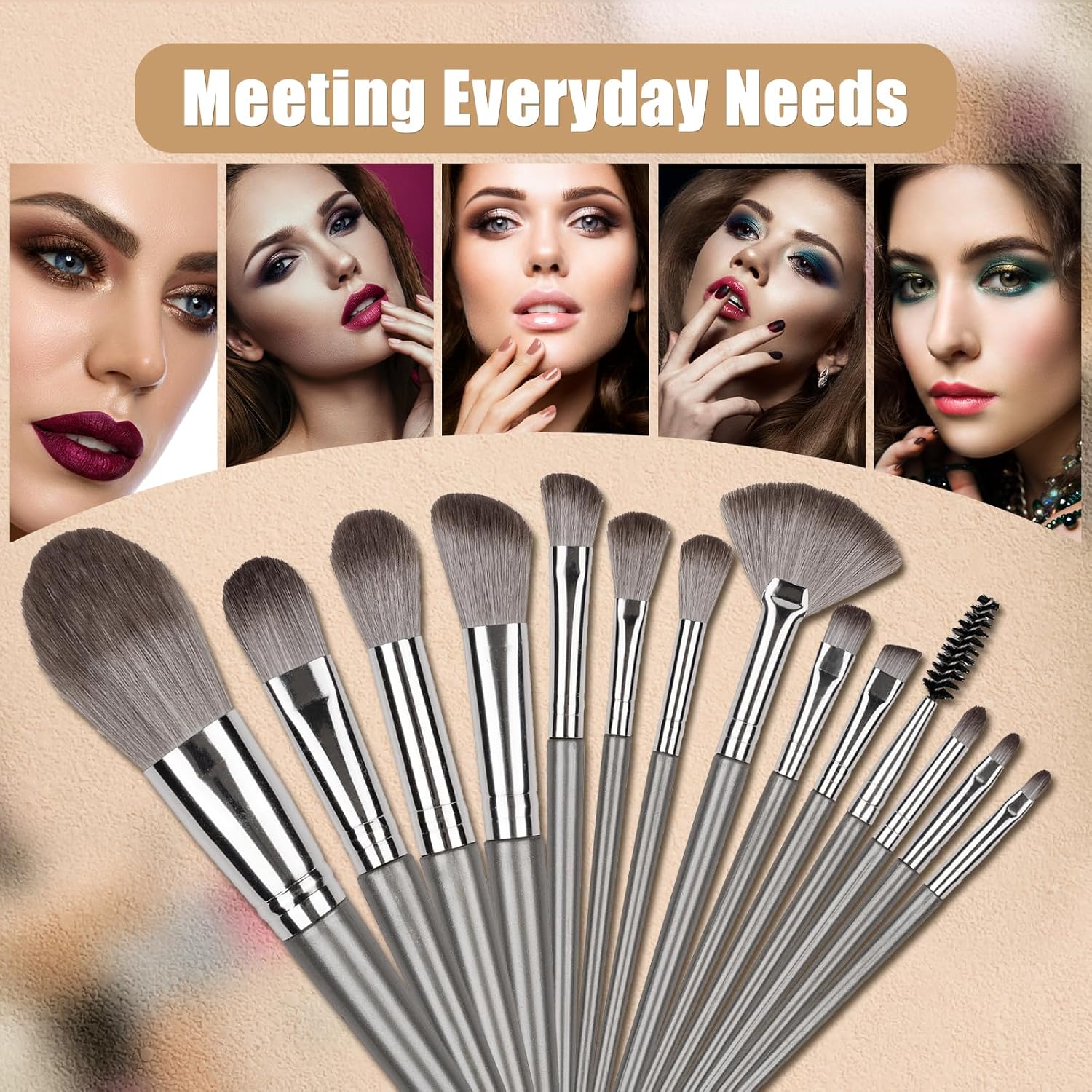 14 Pcs Makeup Brush Set, Professional Eye and Face Foundation Brush Set, Eyeshadow Brushes, Cosmetic Brushes, with Pu Bag, Grayish - Image 6