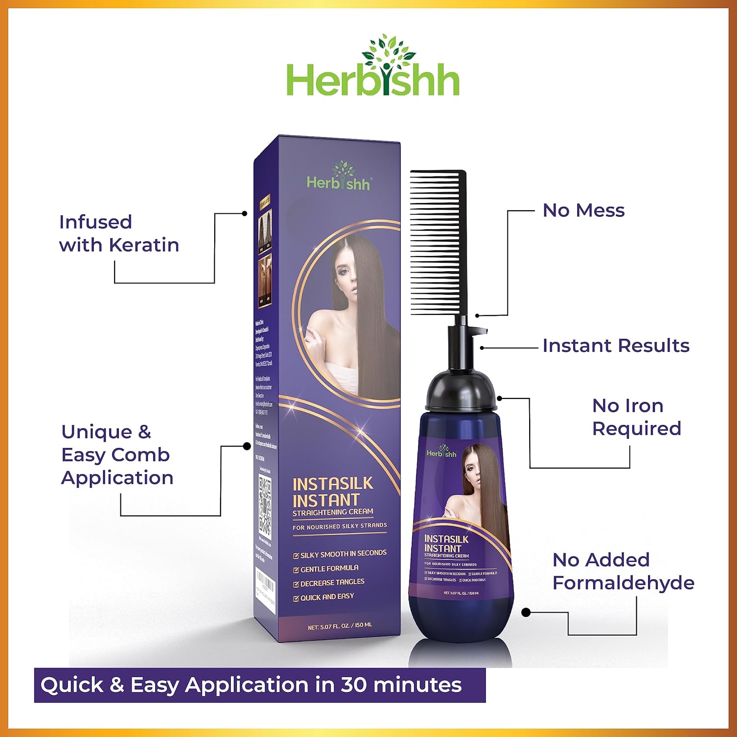 Herbishh Instant Hair Straightener Cream with Comb 150 ml Smooths Frizz & Curls - Image 2