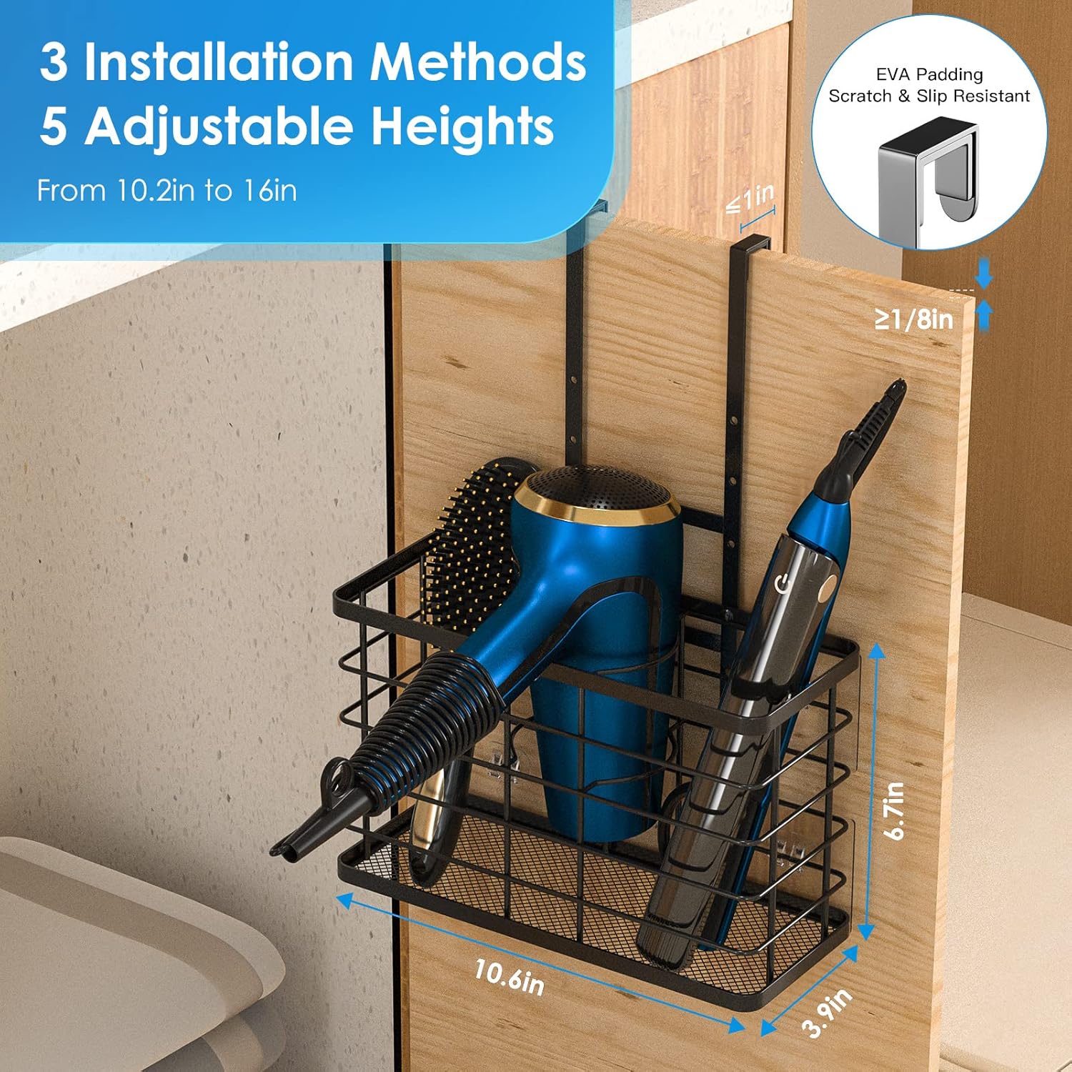 Hair Tool Organizer, Dryer Holder, 3 in 1 Blow Bathroom Organizer Wall Mounted/Cabinet Door for Flat Iron, Curling Straightener, Care & Styling Tools Storage Basket - Image 3