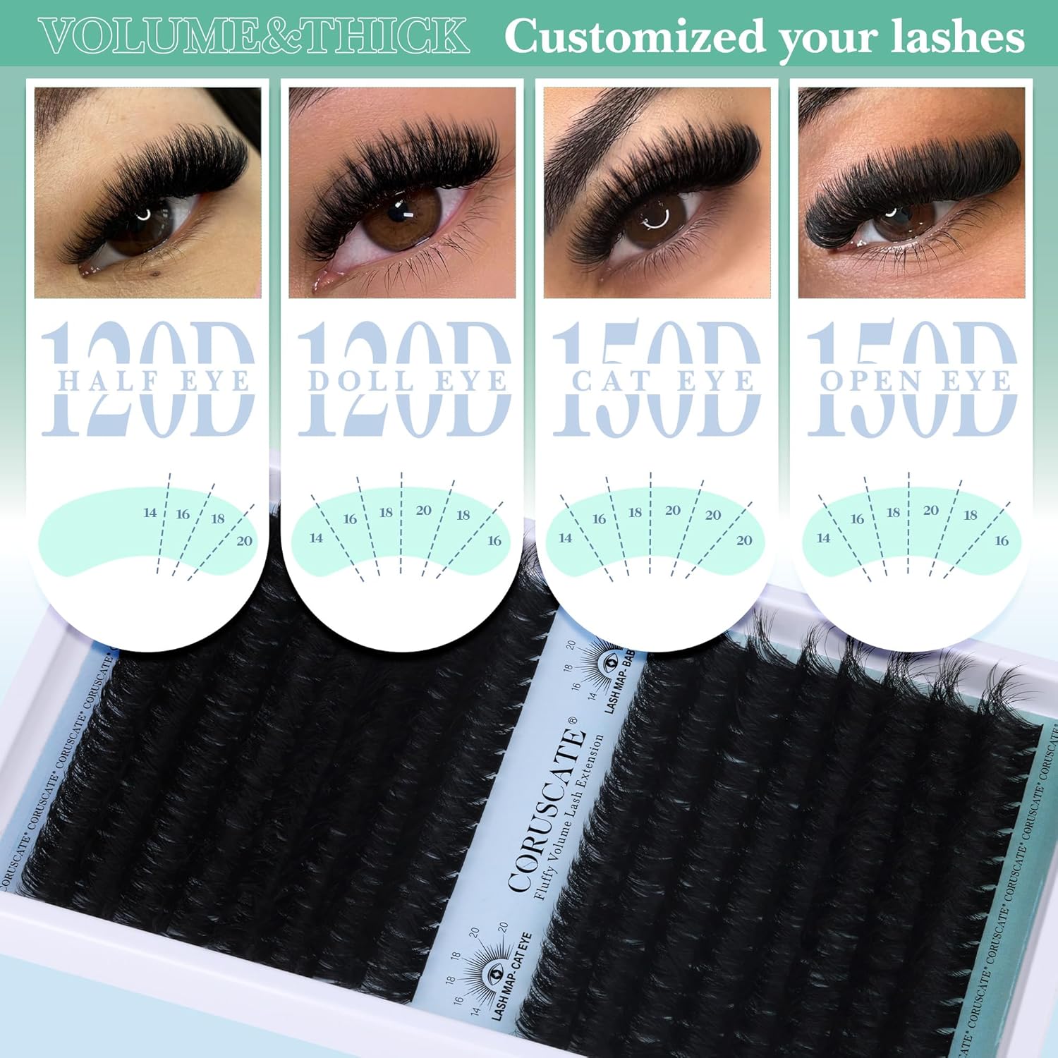 Lash Clusters 120D+150D Eyelash Clusters Long Individual Lashes 14-20mm Thick Cluster Eyelash Extensions 256pcs Volume Strip Eyelashes Mink DIY Cat Eye Lashes Extension by CORUSCATE - Image 3