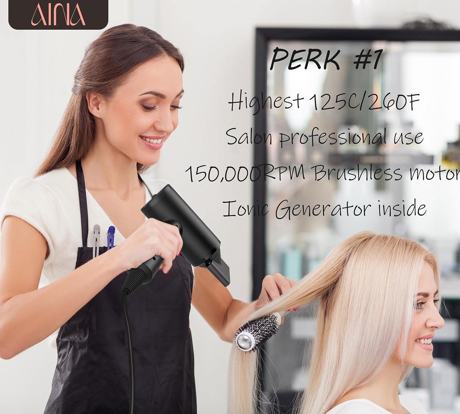 AINA Professional Salon Hair Dryer,2000W Blow Dryer with Diffuser Brush Comb for Women-BLDC Hair Dryer-Brushless Motor 150,000 RPM,Ionic,LED Display,4 Magnetic Attachments 110V/ALCI (Vader Black) - Image 4