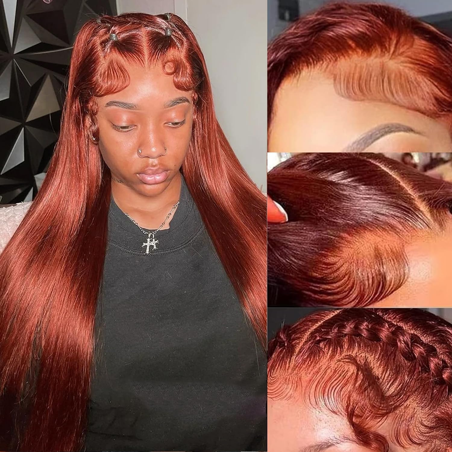 Reddish Brown HD Lace Front Wigs Human Hair Pre Plucked with Baby Hair Brazilian Unprocessed Straight Human Hair 13x4 Lace Front Wig Auburn Copper Colored Wigs for Women (Reddish Brown,22 Inch) - Image 2
