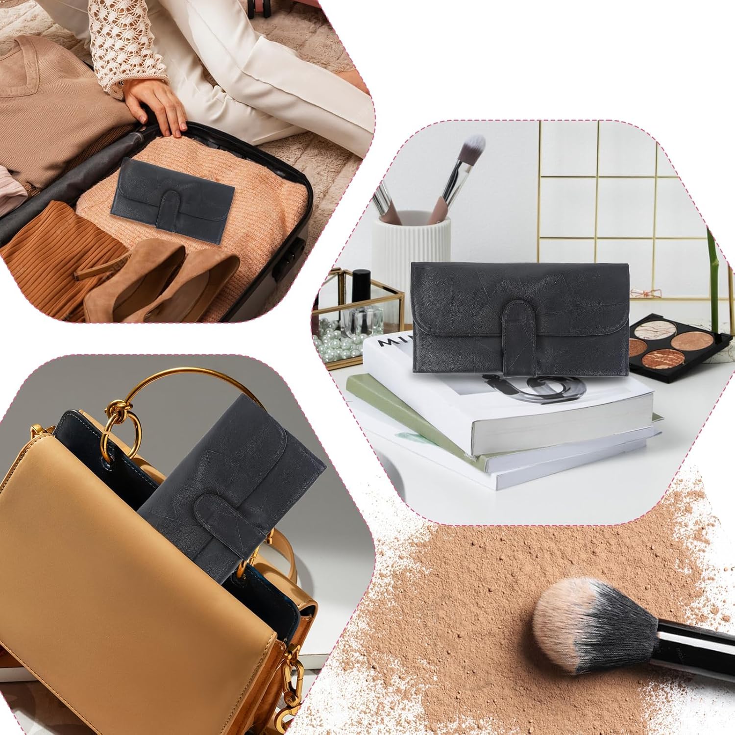 Black PU Leather Makeup Brush Holder and Roll Up Organizer Bag for Women - Image 7