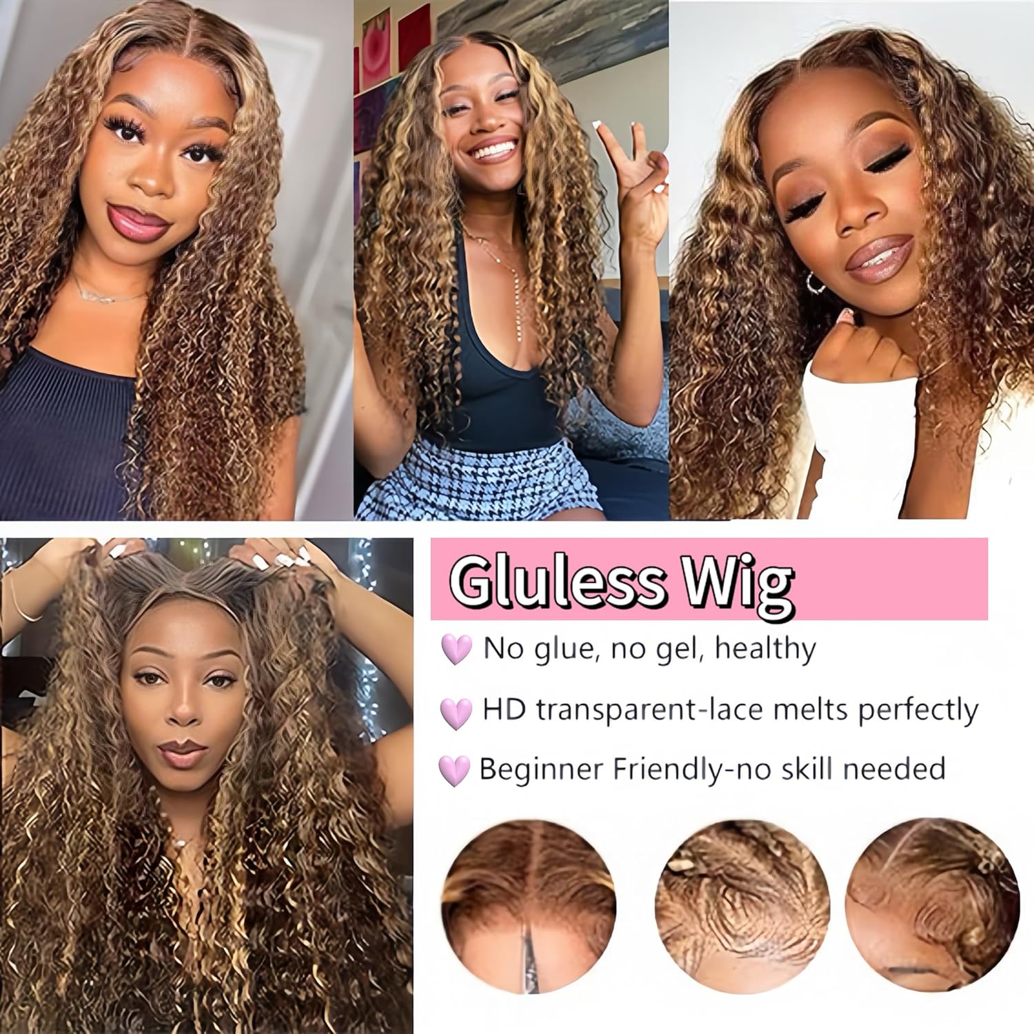 Highlight Ombre 4/27 Human Hair Wear and Go Glueless Wigs Deep Wave Curly Wet and Wavy Lace Front Pre Plucked Pre Cut 5x5 HD Lace Closure Wigs for Black Women (highlight ombre 4/27, 22 Inch) - Image 6