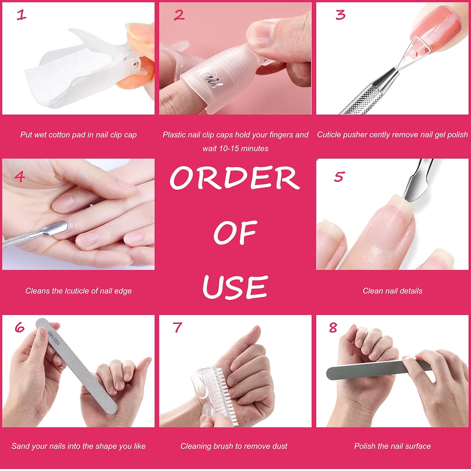 Gel Polish Remover Tools Kit - 10 Clips, 400 Lint-Free Wipes, Files 100/180, Buffer Block 400/4000, Brush, Cuticle Pusher & Peeler (Clear) - Image 7
