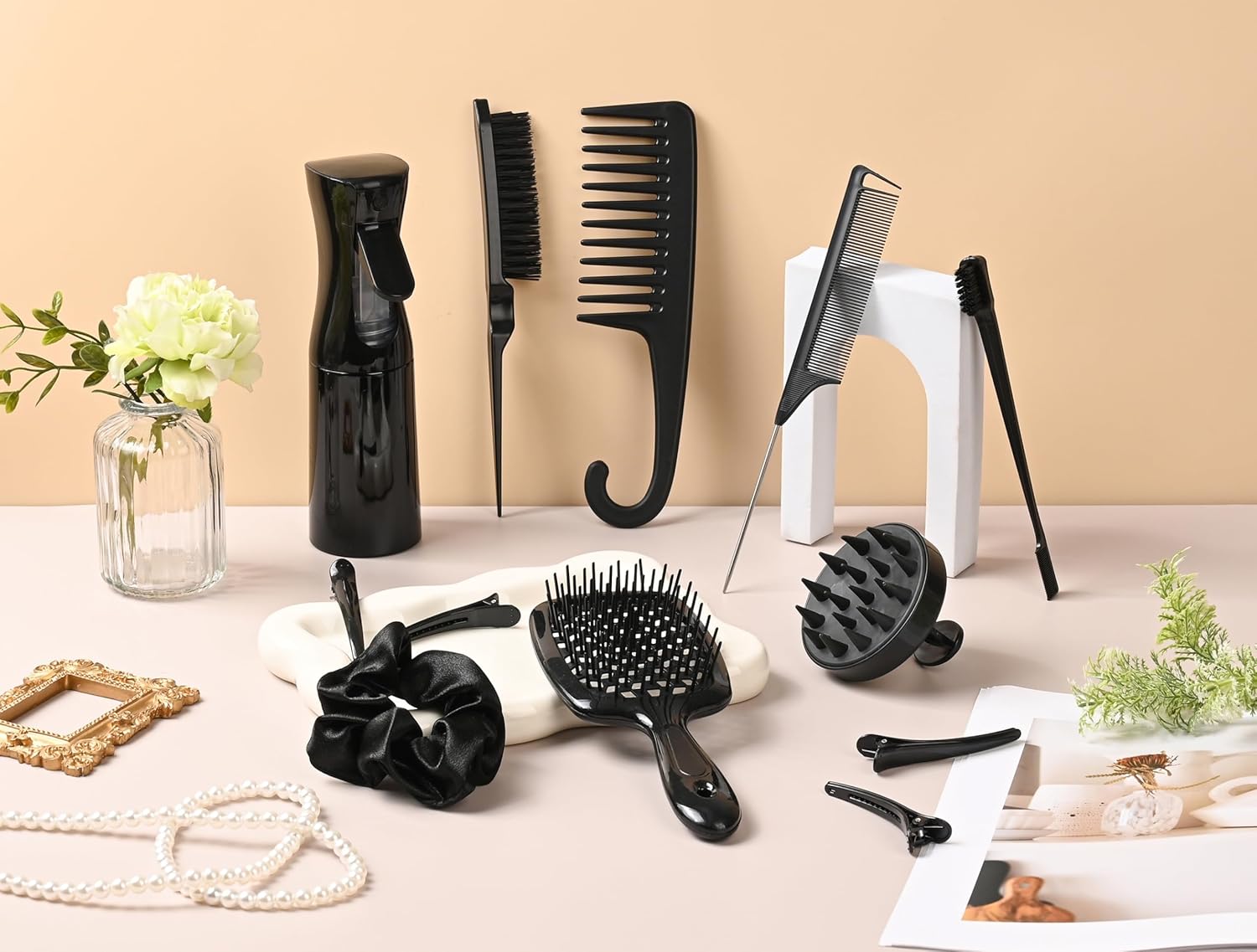 12 Pcs Hair Styling Brush Set with Detangler, Teasing, Rat Tail, Edge Brushes and Baby Hair Brushes - Soft Bristles for Baby Girls and Women (Black) - Image 2