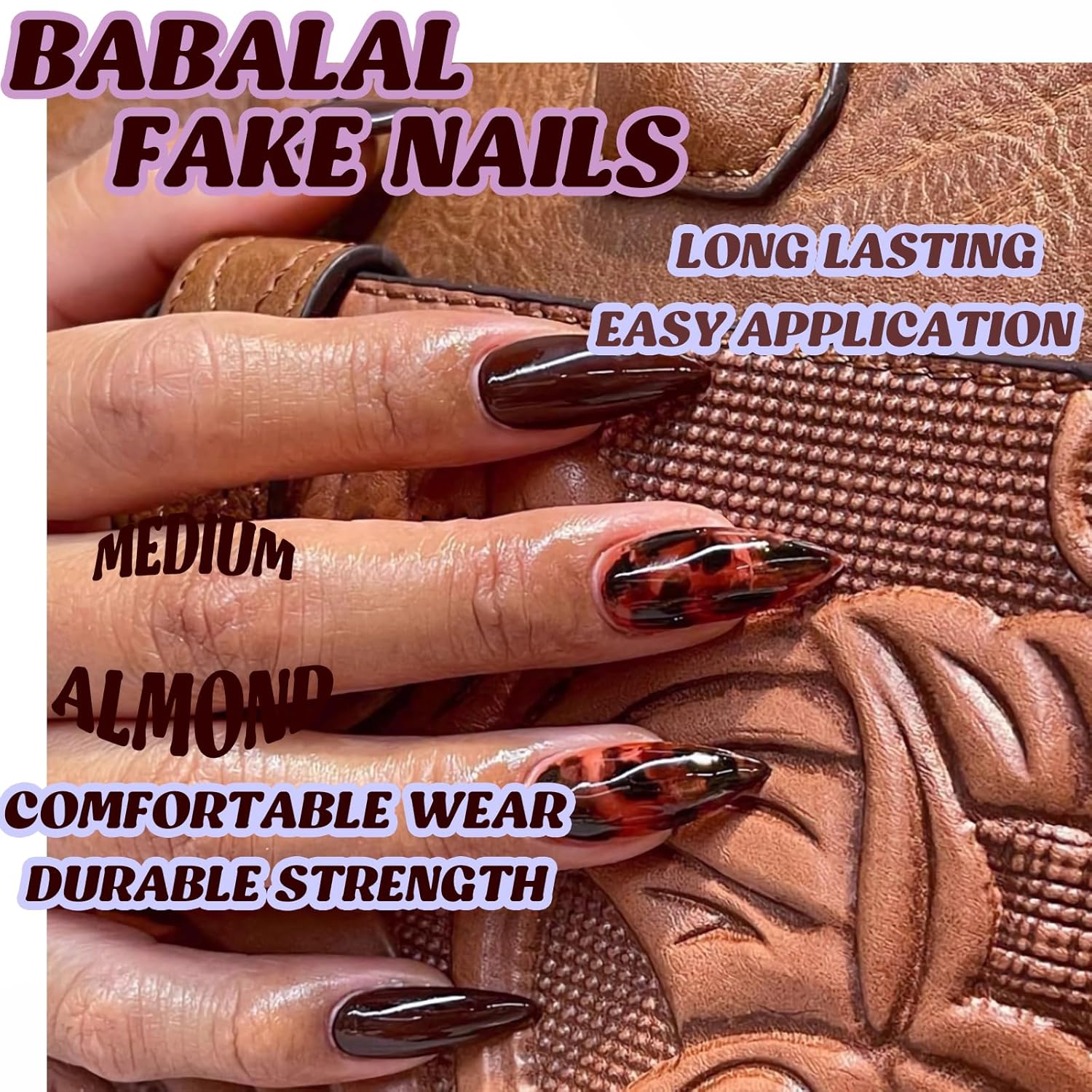 BABALAL Brown Press on Nails Medium Almond Fake Nails Fall Glue ons Nails with Design Autumn Acrylic Nails 24Pcs Stiletto False Nails - Image 6