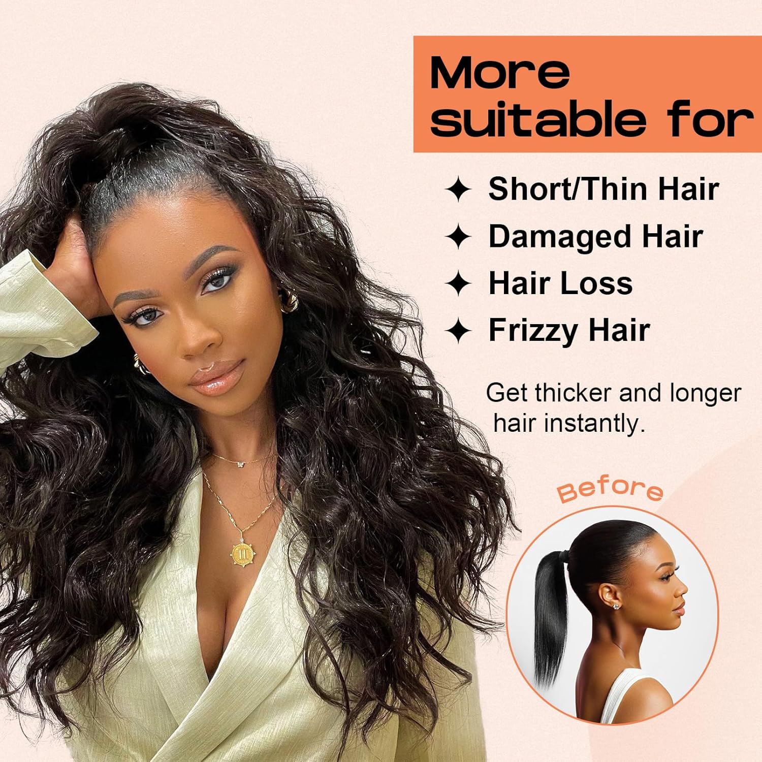 SEIKEA 4PCS 16 Inch Black Wavy Clip-in Half Up Half Down Ponytail Extension Set - Image 4