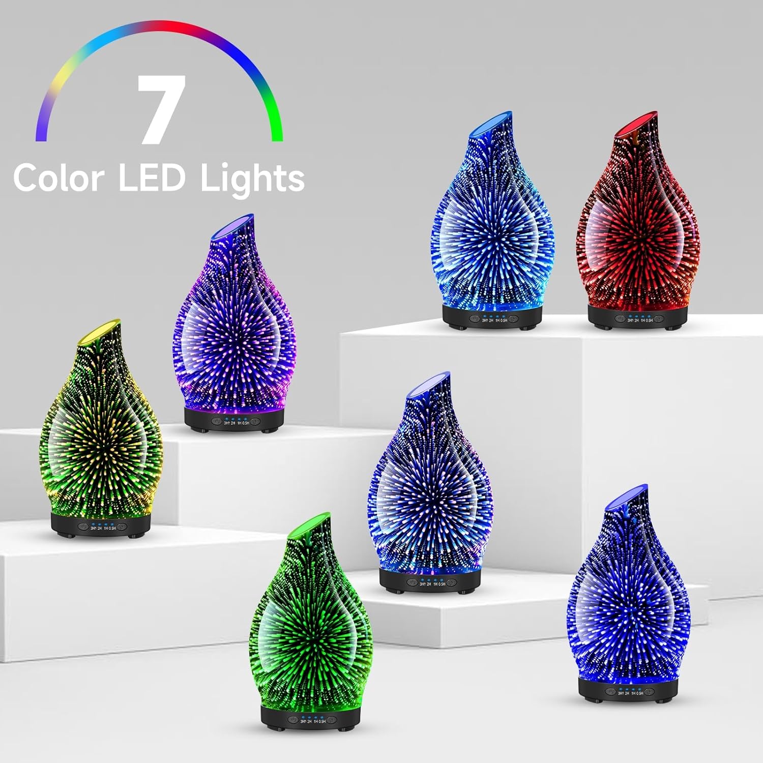 120ML Essential Oil Diffuser, 3D Glass Aromatherapy Diffuser with Auto Shut-Off and 7 Color LED Lights, Ultrasonic Mist Humidifier with 4 Timer for Home Office Bedroom (3D Fireworks) - Image 2