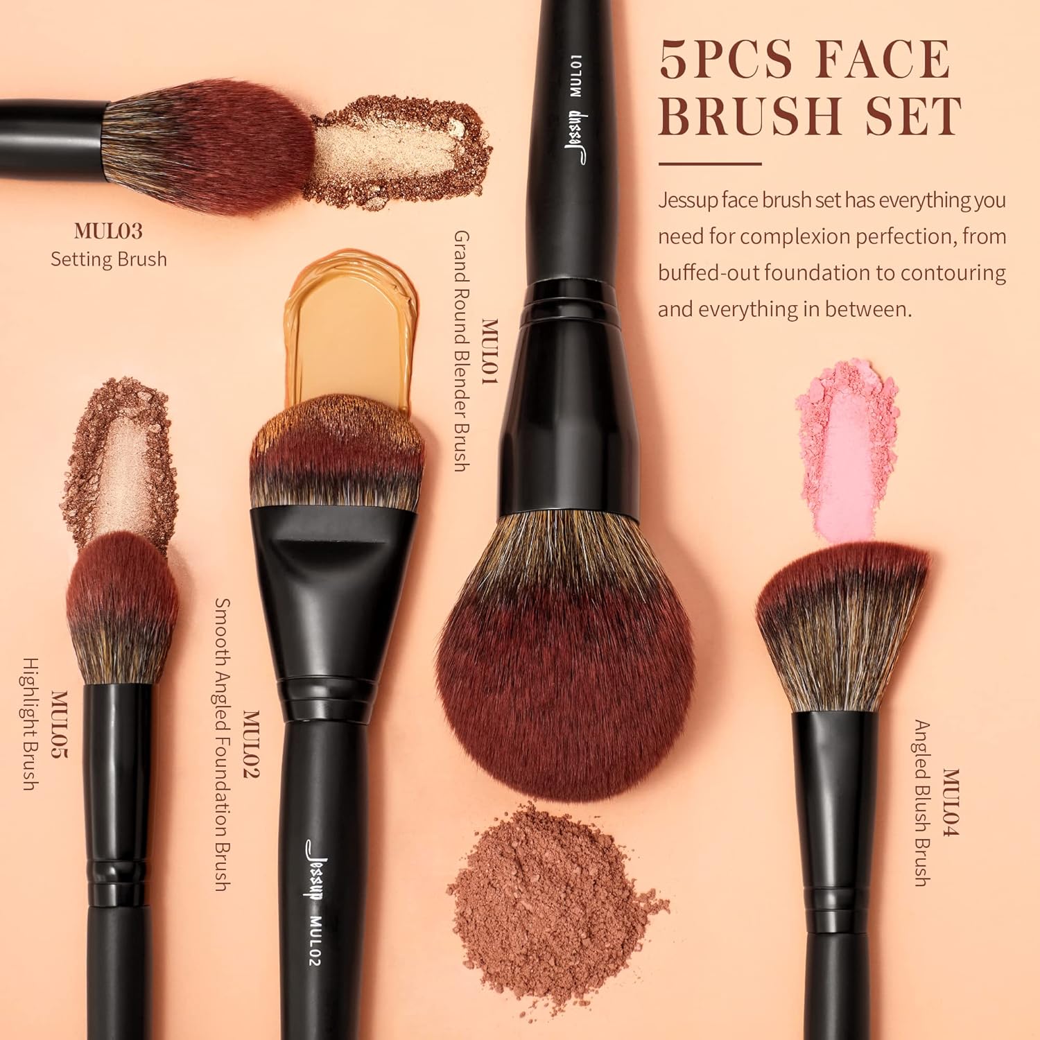 Jessup Large Face Makeup Brushes 5pcs, Premium Synthetic Foundation Powder Contour Blusher Highlighter Brush, Phantom Black T273 - Image 2