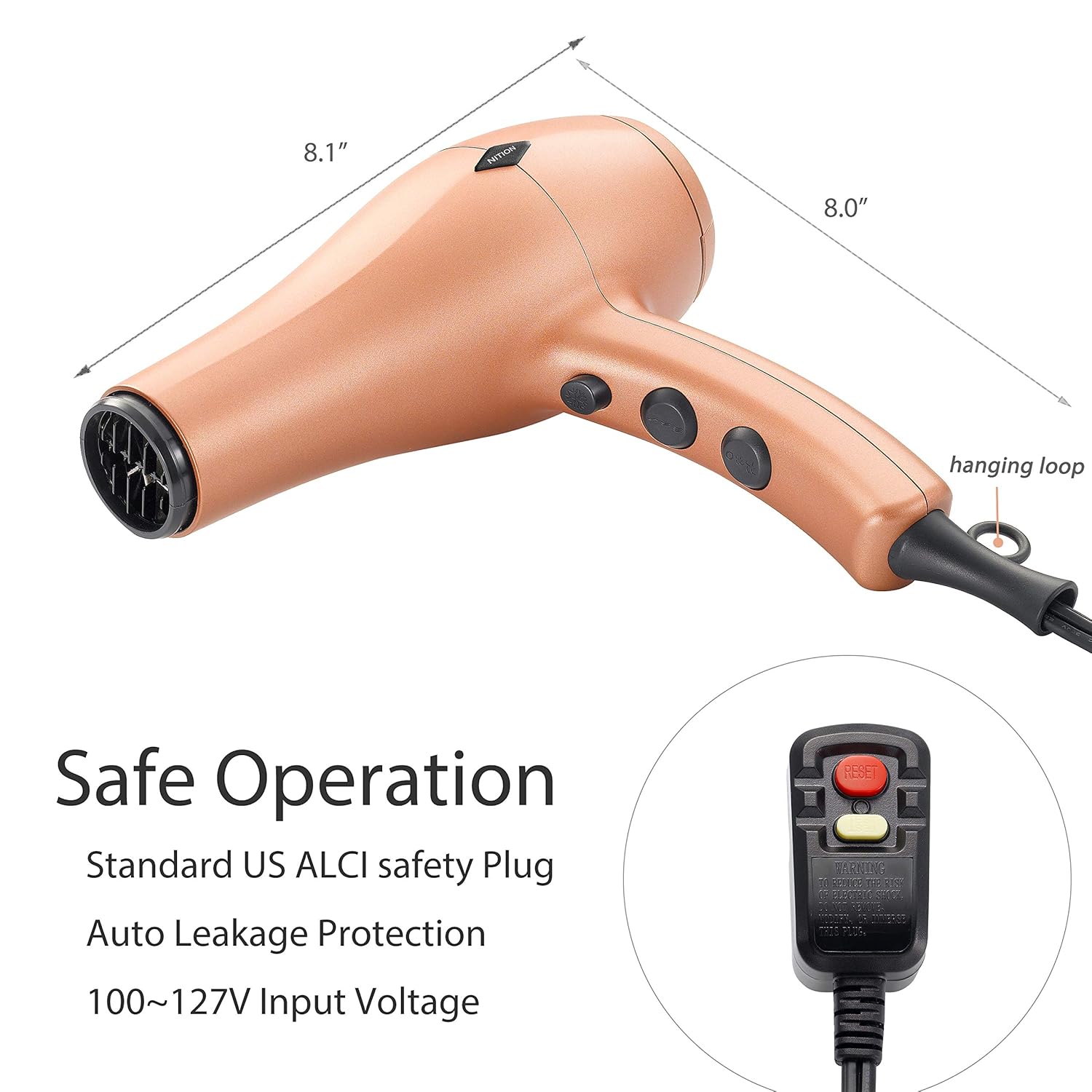 NITION Negative Ions Ceramic Hair Dryer with Diffuser(Large Size 5.3 inch) Attachment Ionic Blow Dryer Quick Drying,1875 Watt 2 Speed / 3 Heat Settings,Cool Shot Button,Lightweight,Gold - Image 7