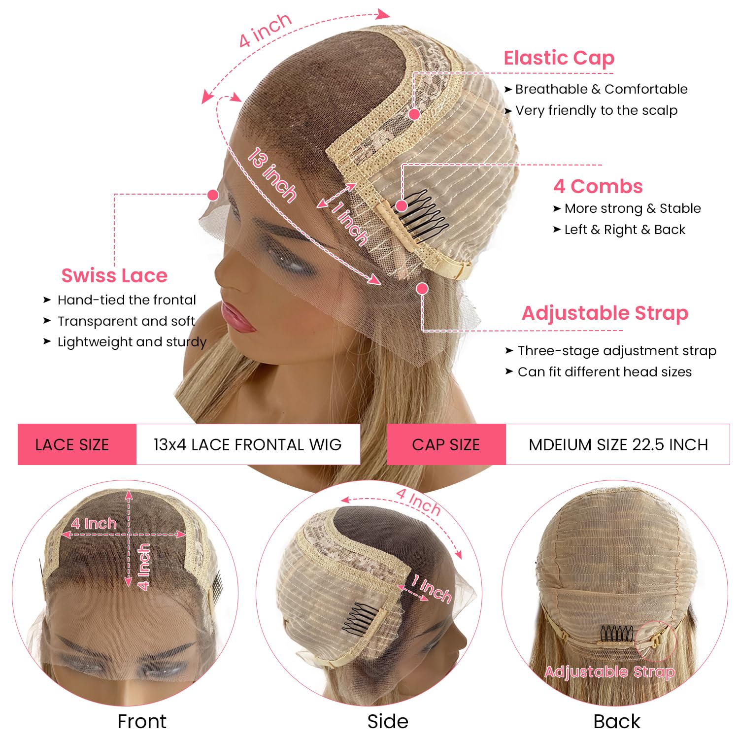 18 Inch Ash Blonde Human Hair Wig 13x4 HD Lace Front 150% Density 18/60 Balayage with Brown Roots - Image 3