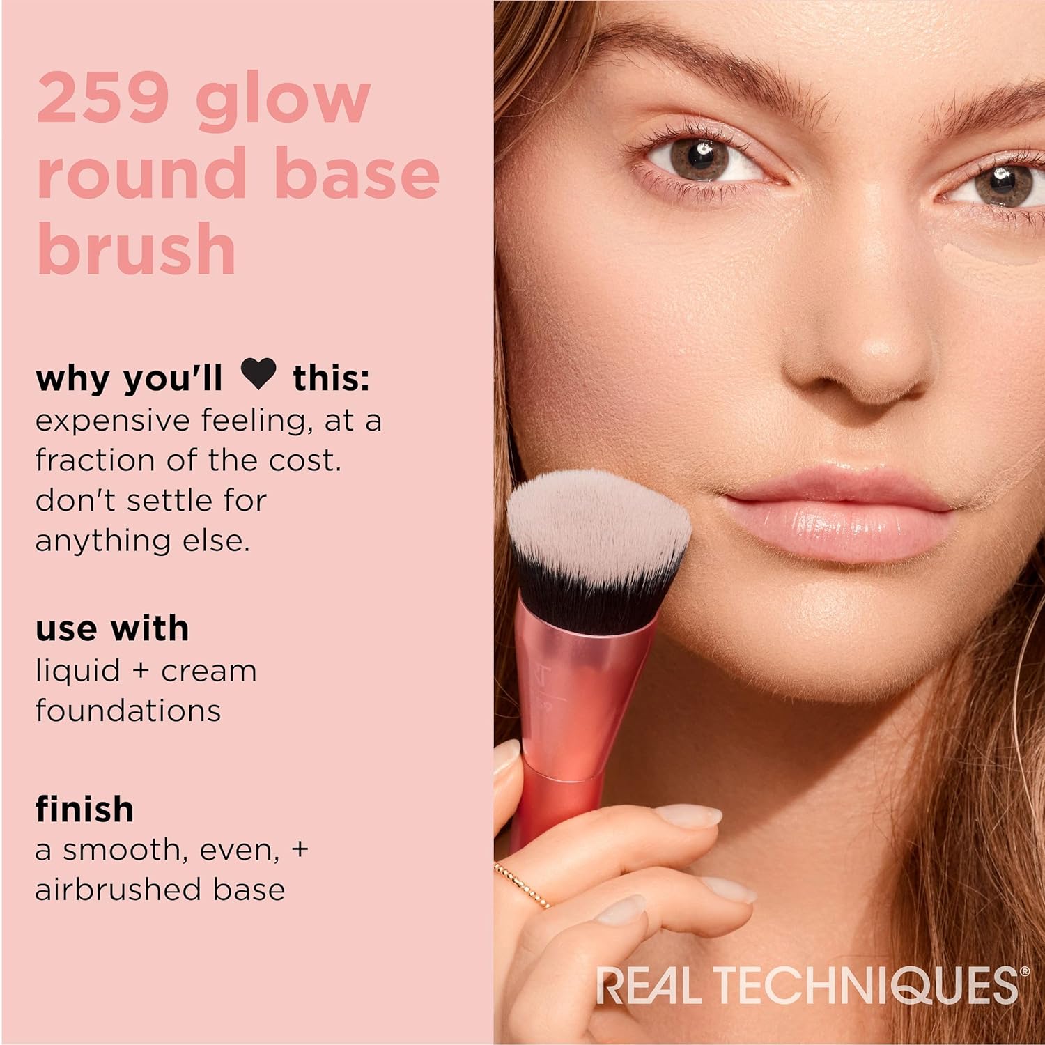 Real Techniques Glow Round Base Makeup Brush, For Liquid & Cream Makeup, Flat Top Foundation Brush For Buffing & Blending Up Coverage, Dense, Synthetic Bristles, Vegan & Cruelty Free, 1 Count - Image 3