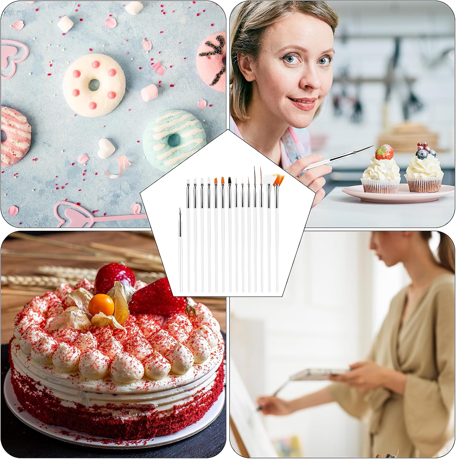 15Pcs Cake Decorating Brushes, Cake Painting Brushes Kit Food Safe Paint Brushes Multiple Function Cookie Brushes Fondant Sugar DIY Tool Set Candy Icing Pastry Brush for Baking(White) - Image 7