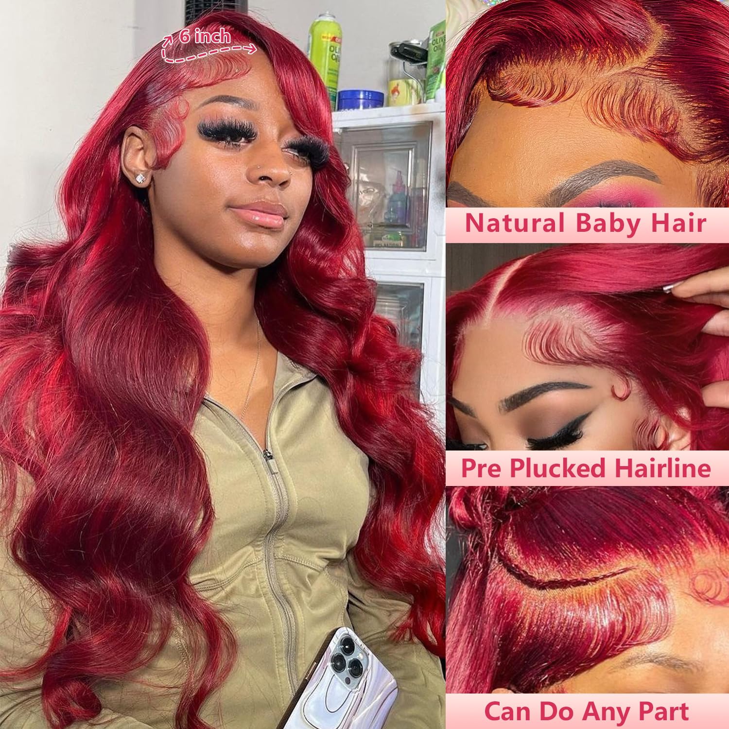 99j Burgundy Lace Front Wigs Human Hair 28 Inch 13x6 Body Wave Lace Front Wigs Human Hair Pre Plucked 180 Density HD Transparent Red Colored Wigs Human Hair for Women with Baby Hair - Image 2