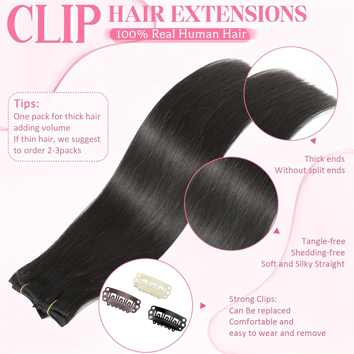 Clip in Hair Extensions Real Human Hair, 100g/3.6oz, Clip in 100% Brazilian Remy Human Hair Extension for Women, Double Weft 8pcs Per Set with 18 Clips 1B Natural Black 16 Inch - Image 4