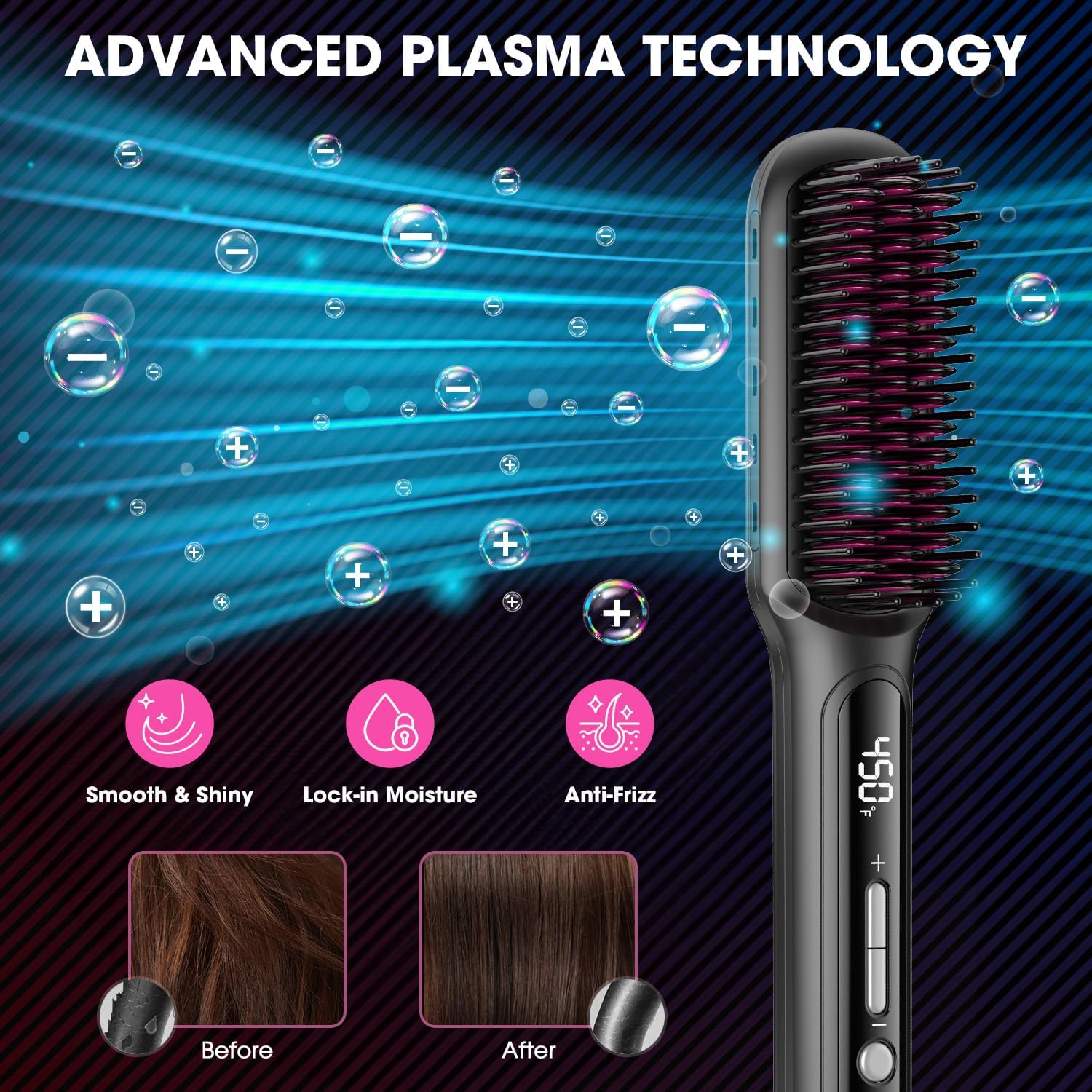 MiroPure Hair Straightener Brush with Plasma Technique, Ceramic Straightening Brush with 16 Temp Settings 30s Fast Heating, Hair Straightener Comb for Women with LED Display & Dual Voltage, Black - Image 2