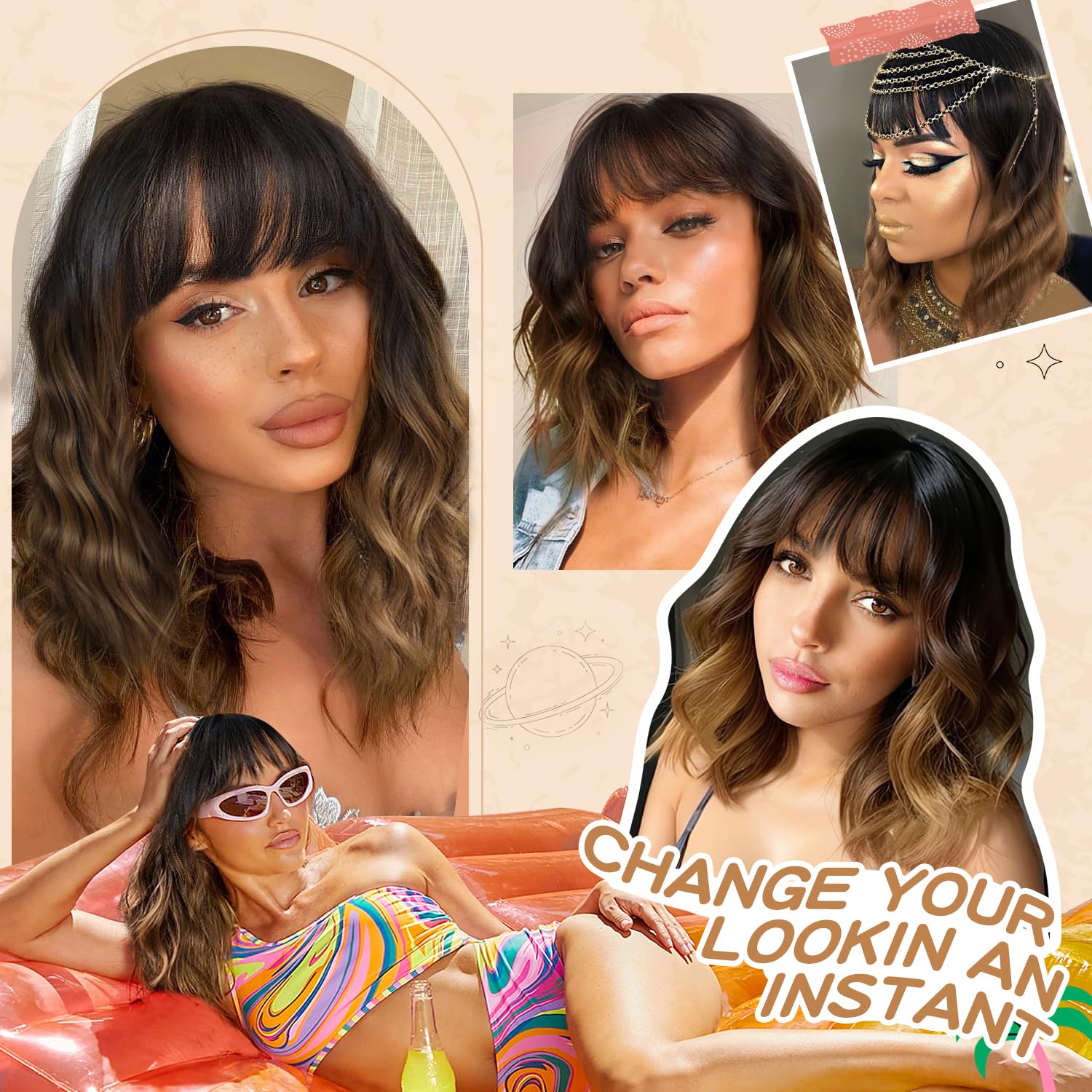 Nnzes Short Wavy Wig with Bangs for Women Shoulder Length Bob Curly Women's Charming Synthetic Wigs with Natural Wavy Black To Brown Heat Resistant Hair for Daily Party Use - Image 4
