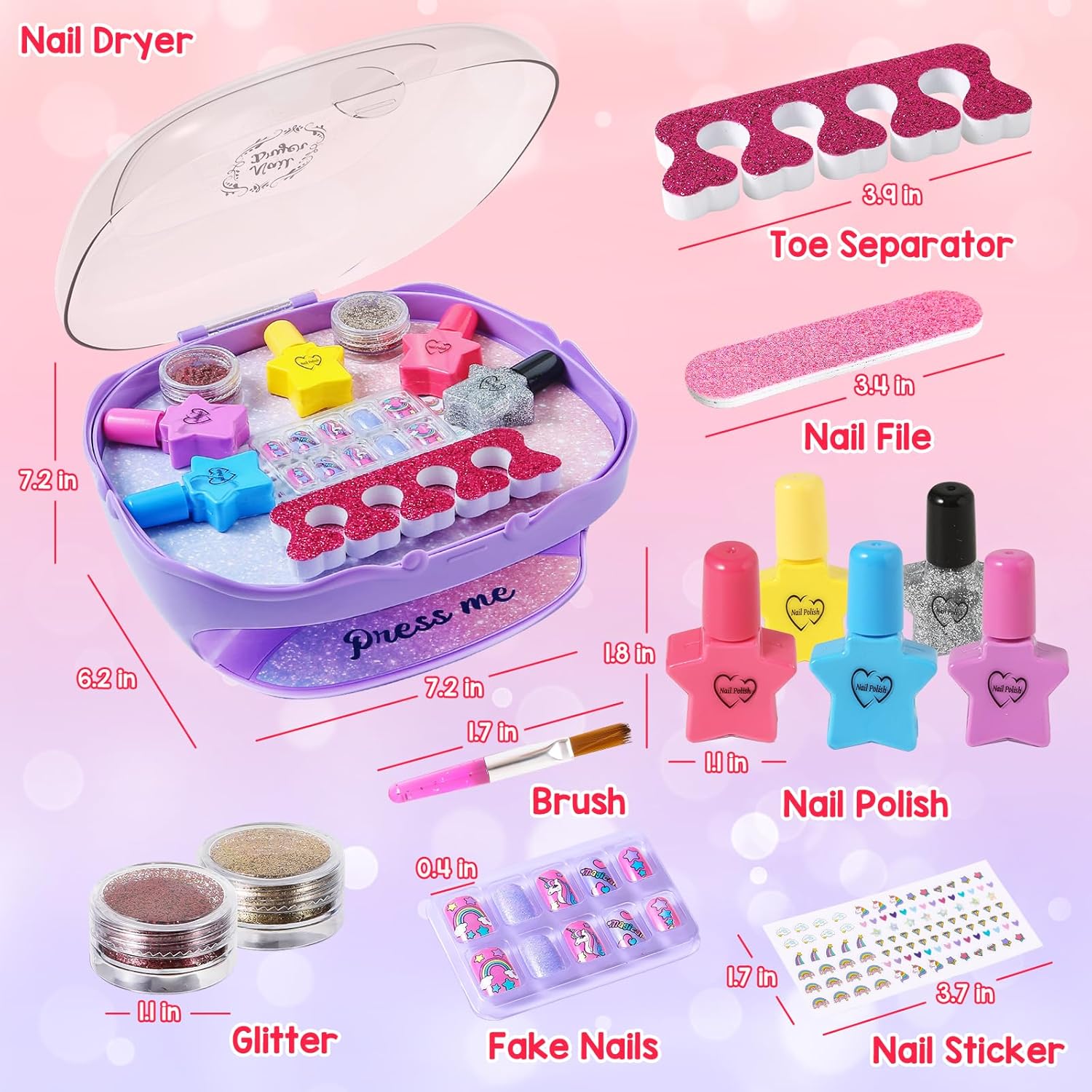 Girls Nail Polish Set Purple, Toys for Girls Age 5 6 7 8 9 10, Nail Care Kit with Nail Polish, Nail Dryer, Fake Nails, nail Glitter, Nail Filer and Toe Separator, Ideal Birthday Gifts for Girls 5-8 - Image 5