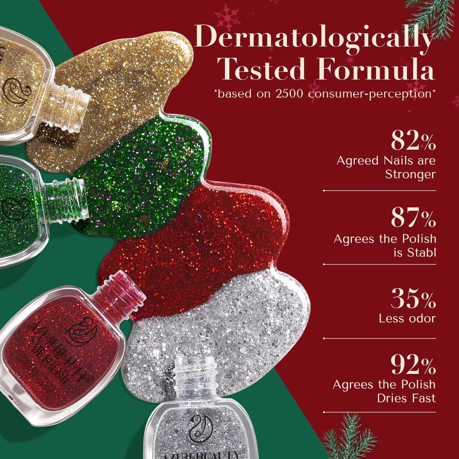 AZUREBEAUTY Nail Polish Set, 4 Colors Christmas Glitter Red Green Gold Silver Quick Dry Natural Fingernail Lacquer Strengthening Treatment Kit with Top Coat DIY Salon at Home - Image 6