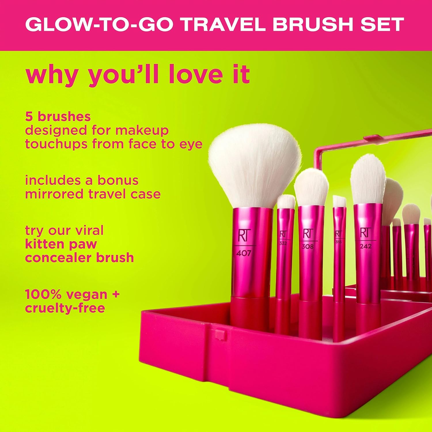 Real Techniques Vivid Escape Glow-To-Go Travel Makeup Brush 6 Piece Set, Mini Size Makeup Brushes For Eyeshadow, Concealer, Contour, & Blush, Includes Mirror Cosmetic Case, Cruelty-Free & Vegan - Image 3