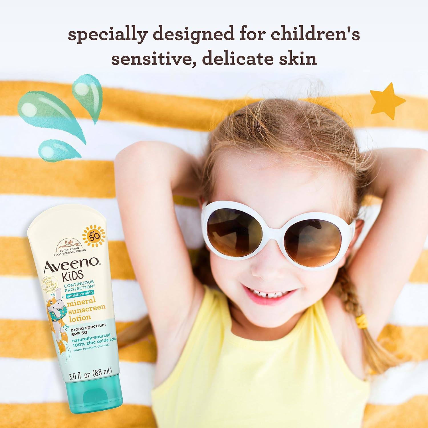 Aveeno Kids Continuous Protection Zinc Oxide Mineral Sunscreen Lotion for Children's Sensitive Skin with Broad Spectrum SPF 50, Tear-Free, Sweat- & Water-Resistant, Non-Greasy, 3 fl. oz - Image 3